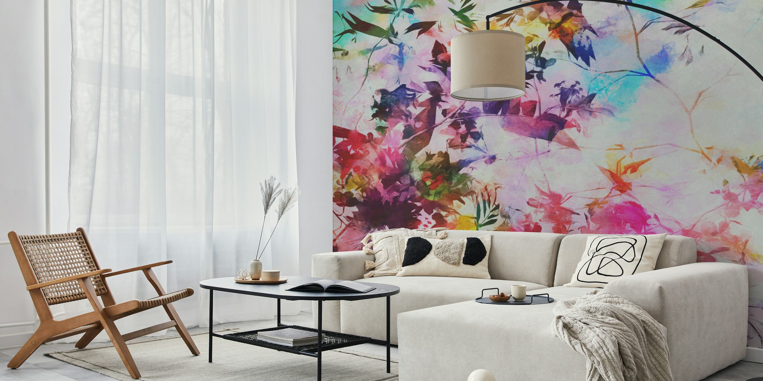 Colorful floral pattern with pink, green, and blue hues wallpaper