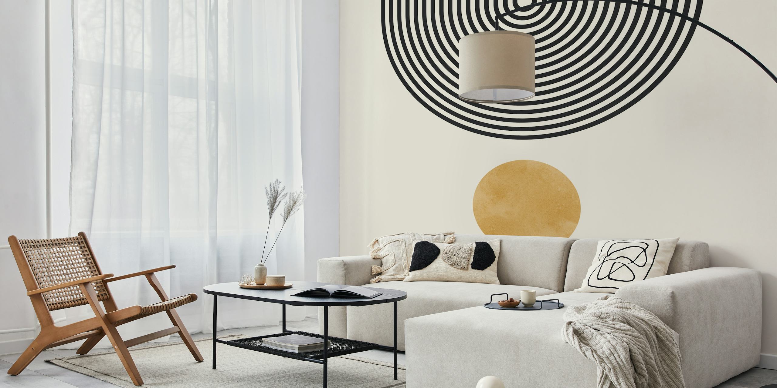 Geometric lines and circles in black and gold on beige wallpaper