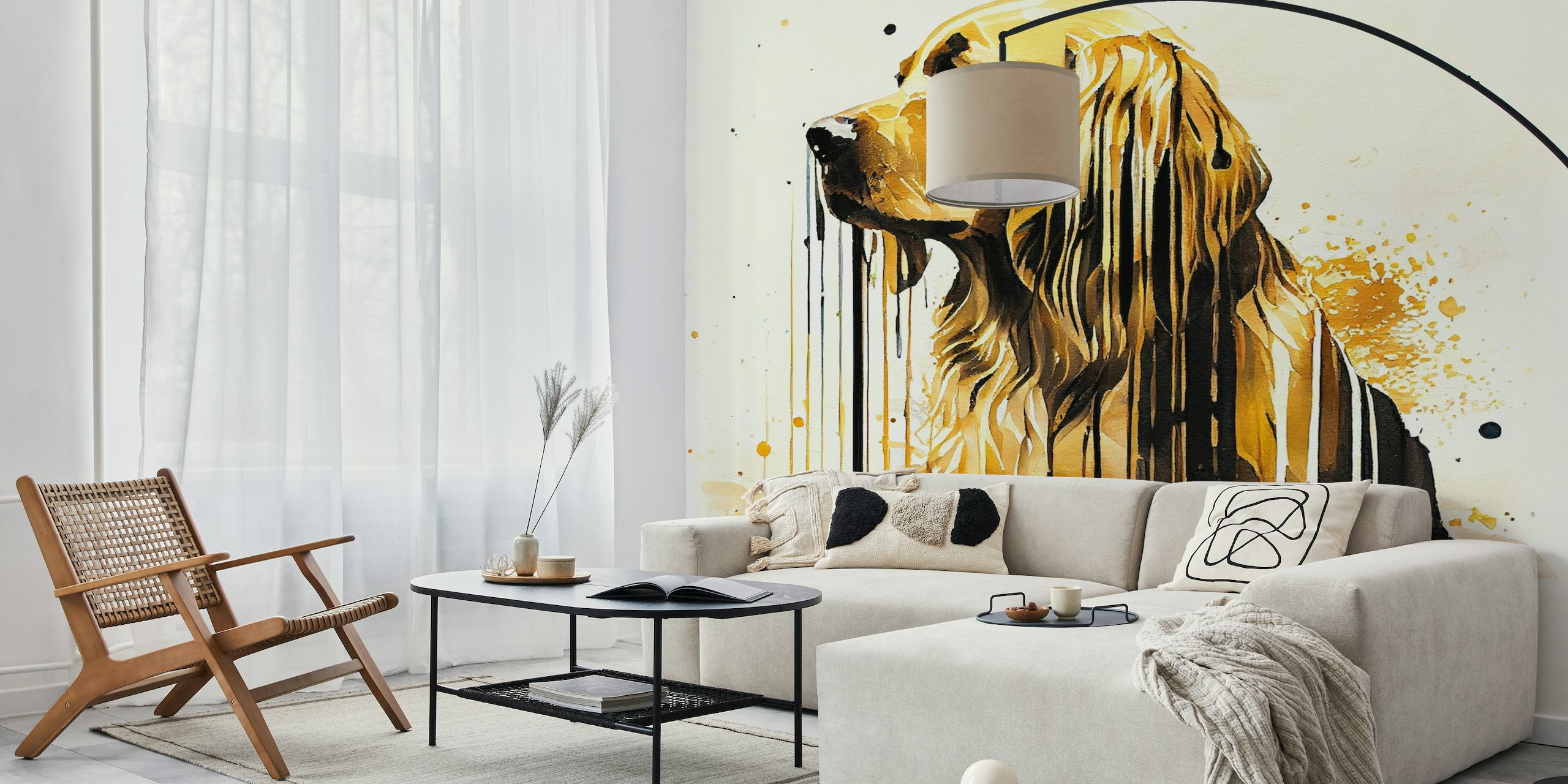 Akvarellityylinen Kultainennoutaja koiran seinämaalaus eloisilla vedoilla ja lämpimillä sävyillä