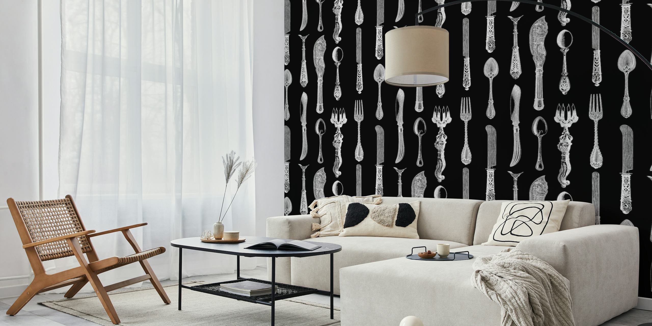 Historic silverware pattern in black and white wallpaper