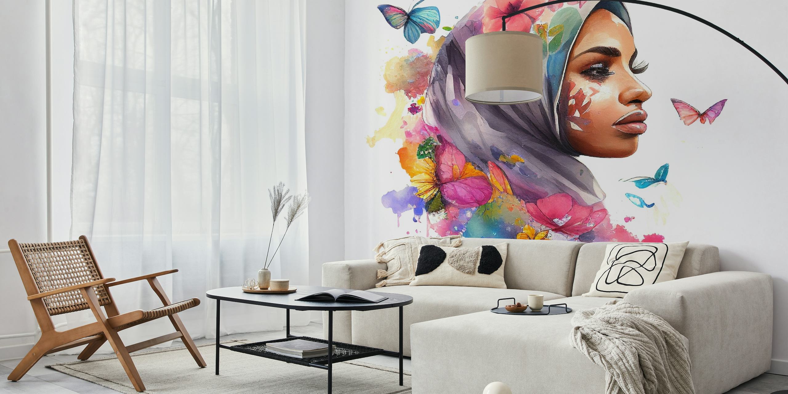 Pintura acuarela de una mujer con un hijab floral con mariposas