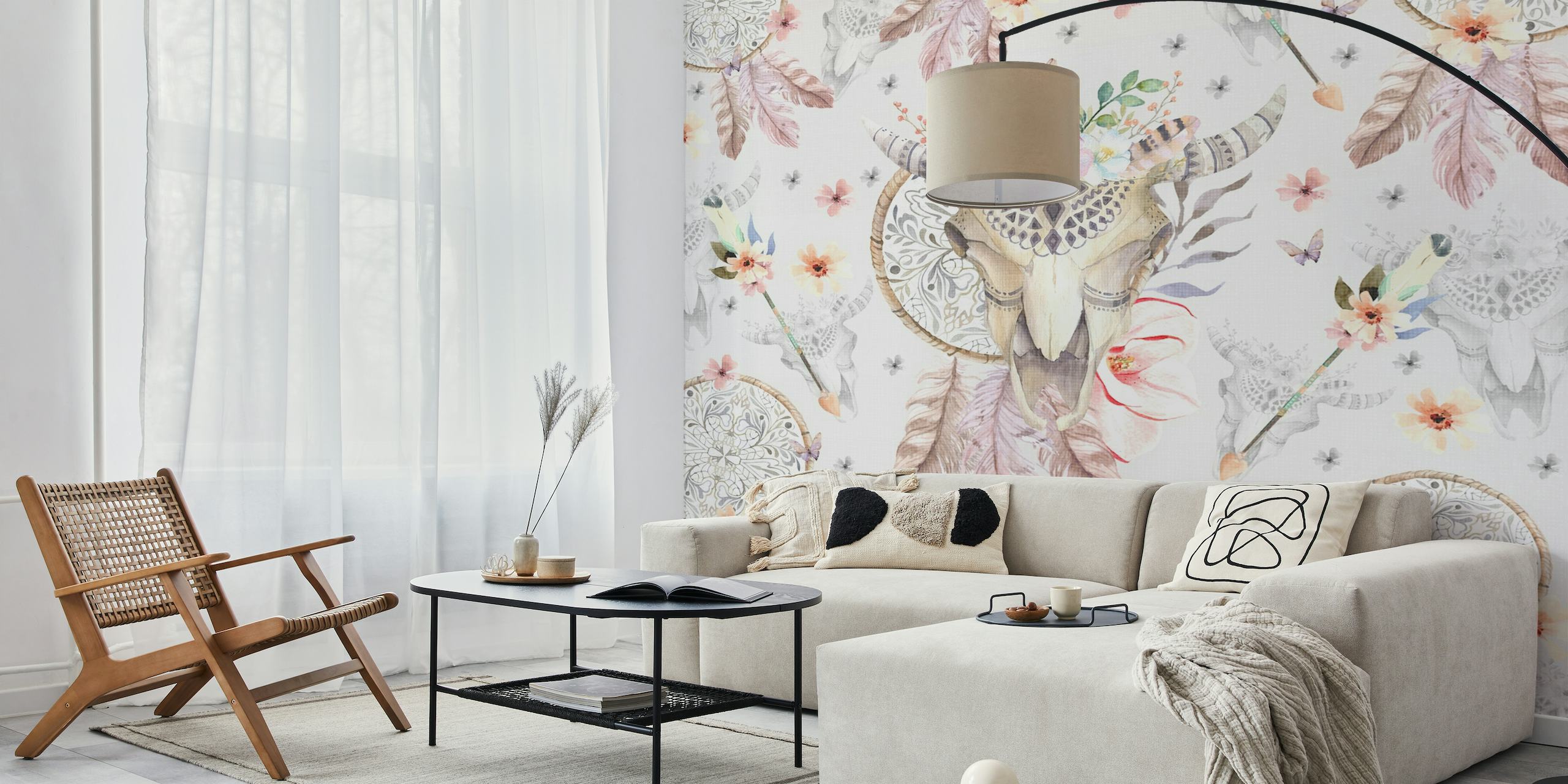 Zidna slika hvatač snova i lubanja s cvjetnim uzorcima u boemskom stilu