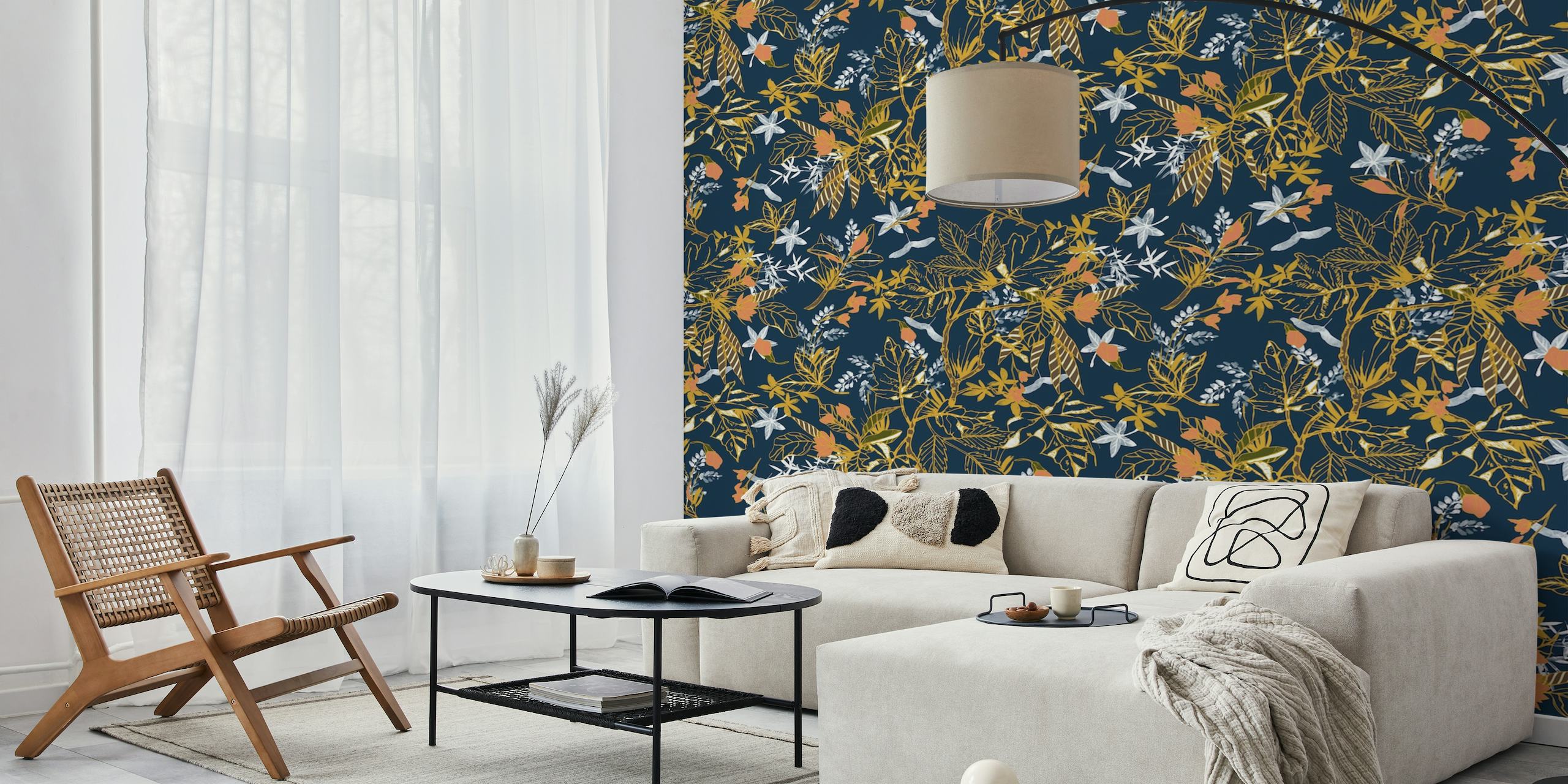 Autumnal pattern with golden and russet leaves on navy background wall mural