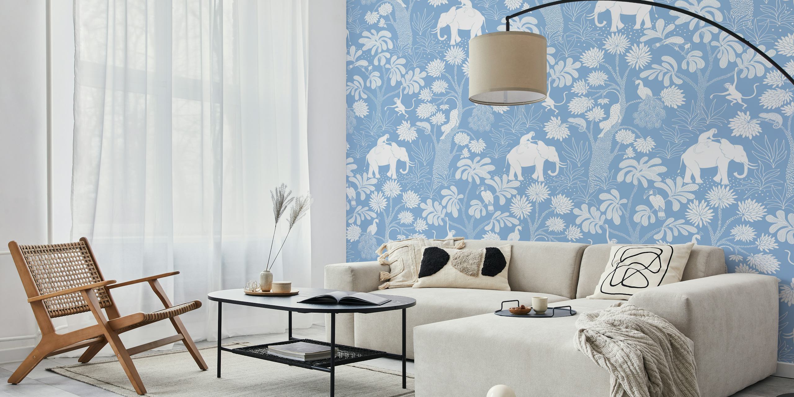 Blue elephant and jungle foliage wall mural design