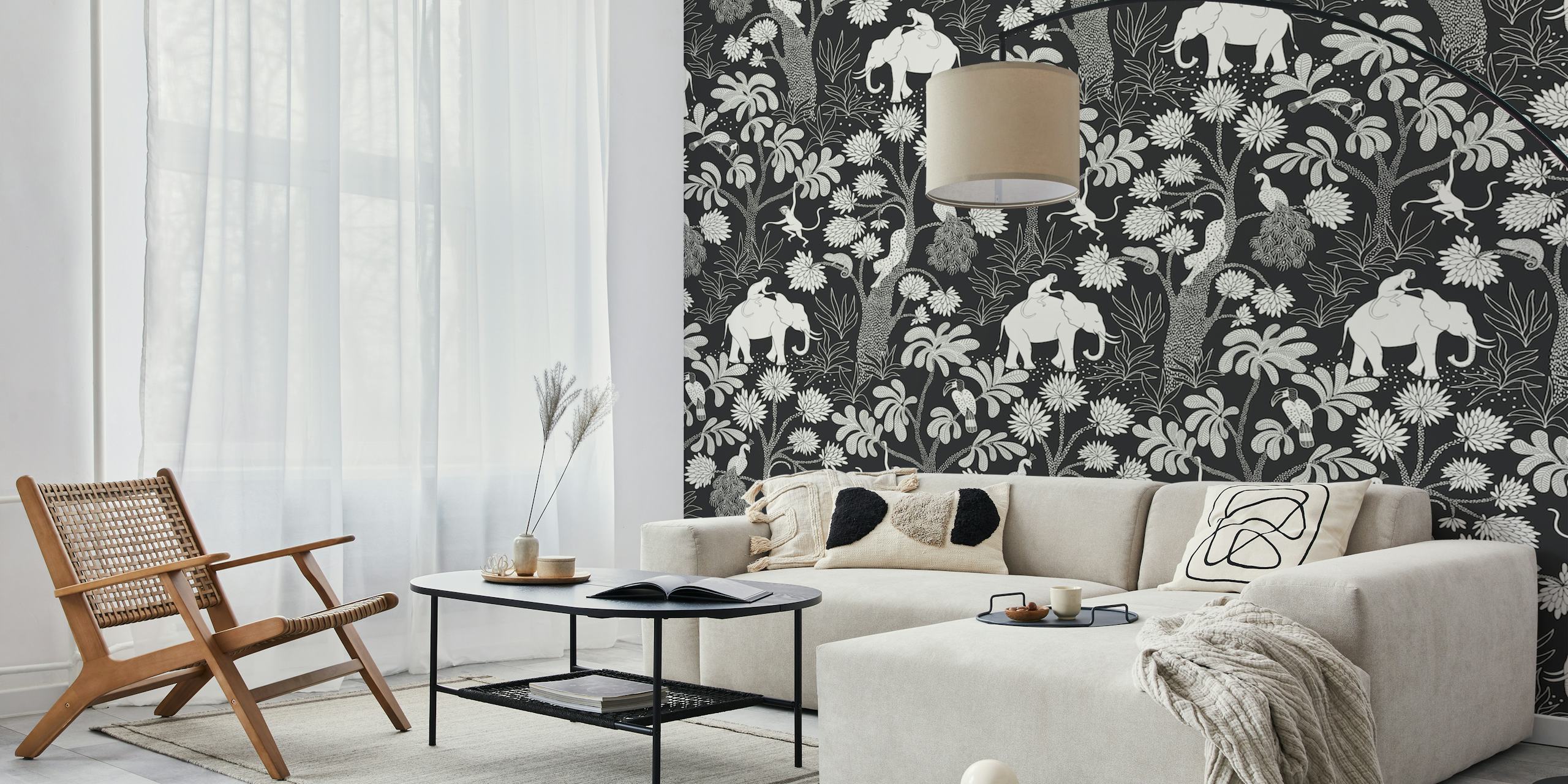 Elephant jungle wallpaper with black background and cream foliage