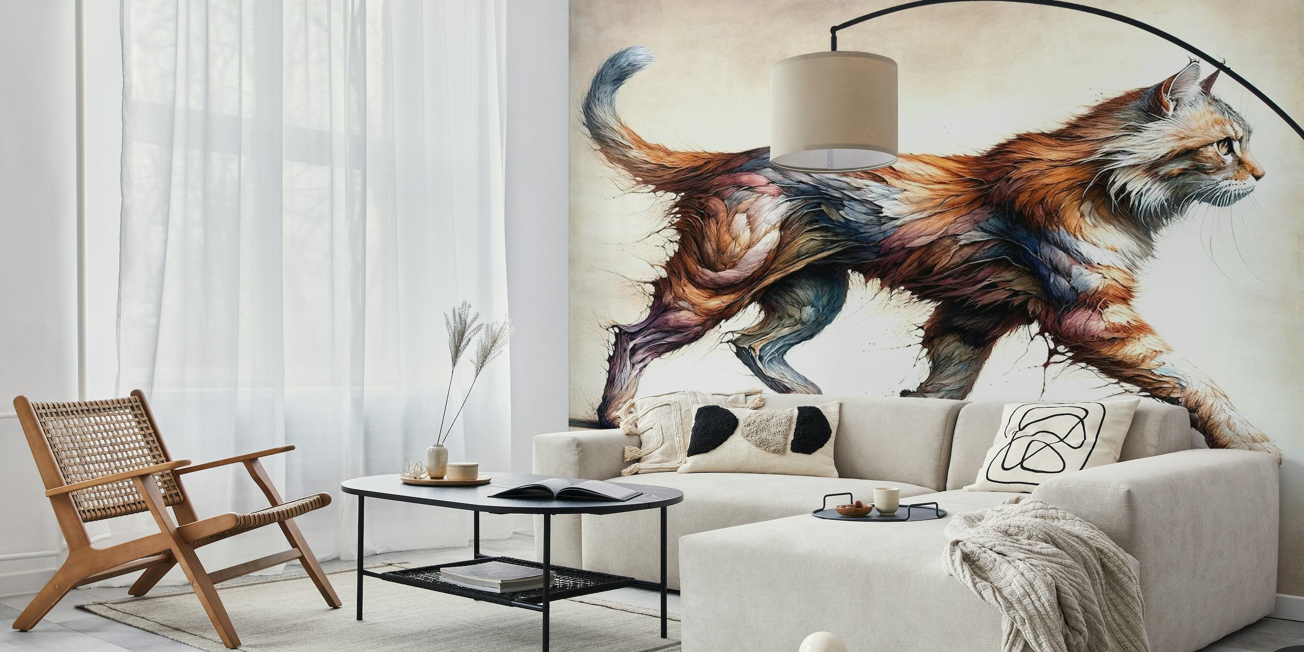 Artistic wall mural of a powerful cat in mid-stride