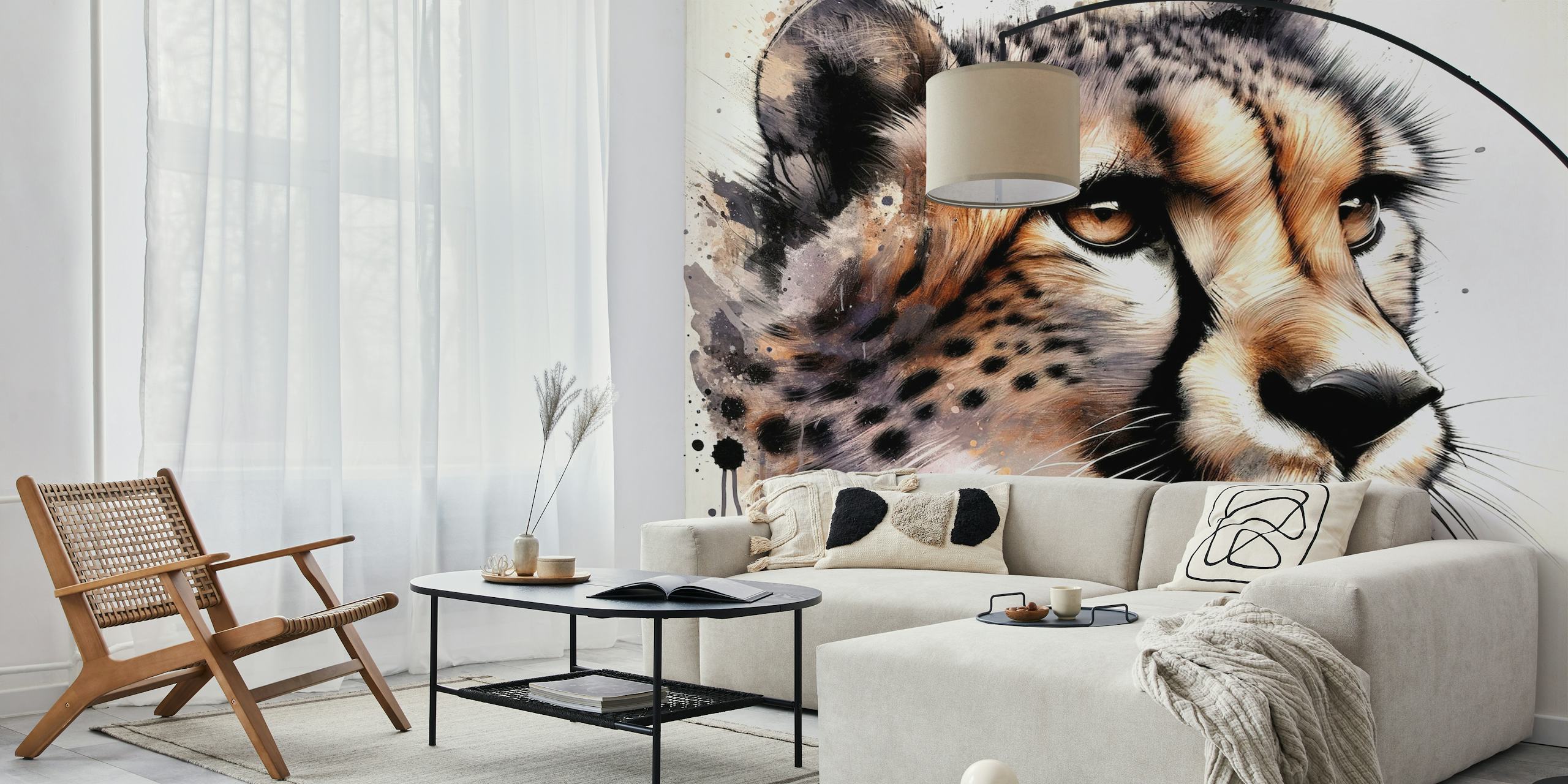 Watercolor cheetah wallpaper displayed in a room