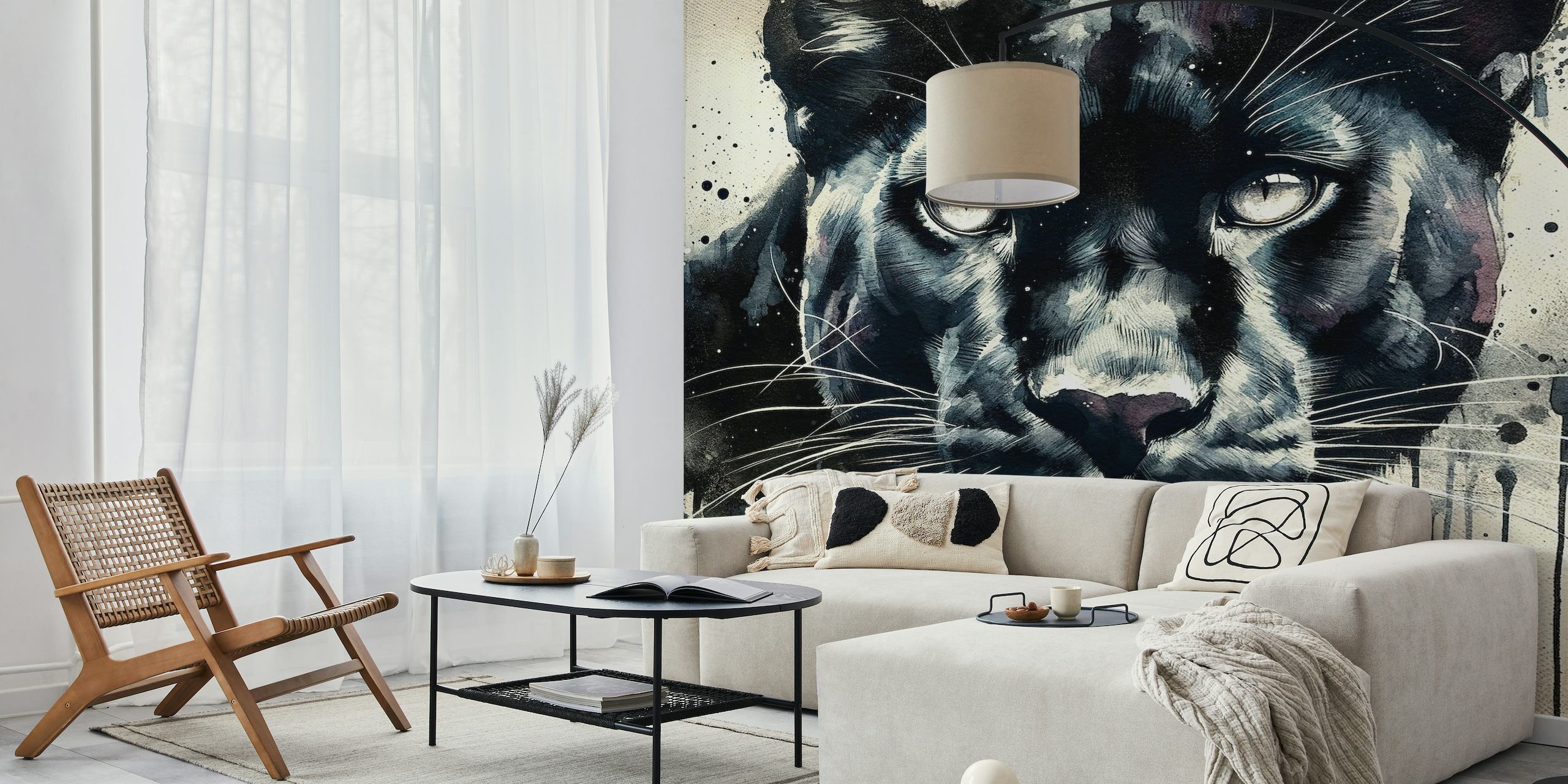 Watercolor panther wall mural with abstract splashes