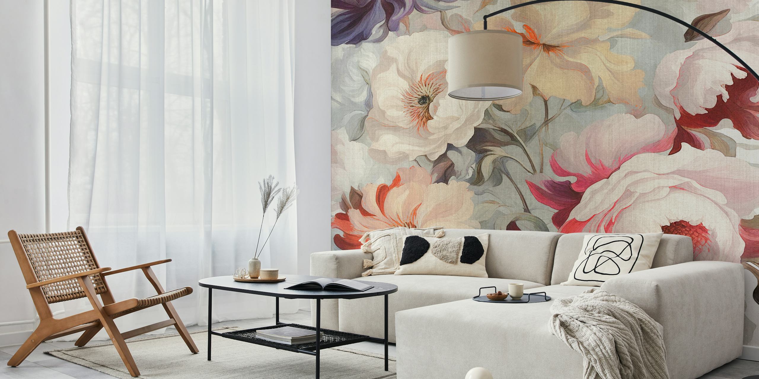 Large Baroque Flowers wall mural with soft pastel florals