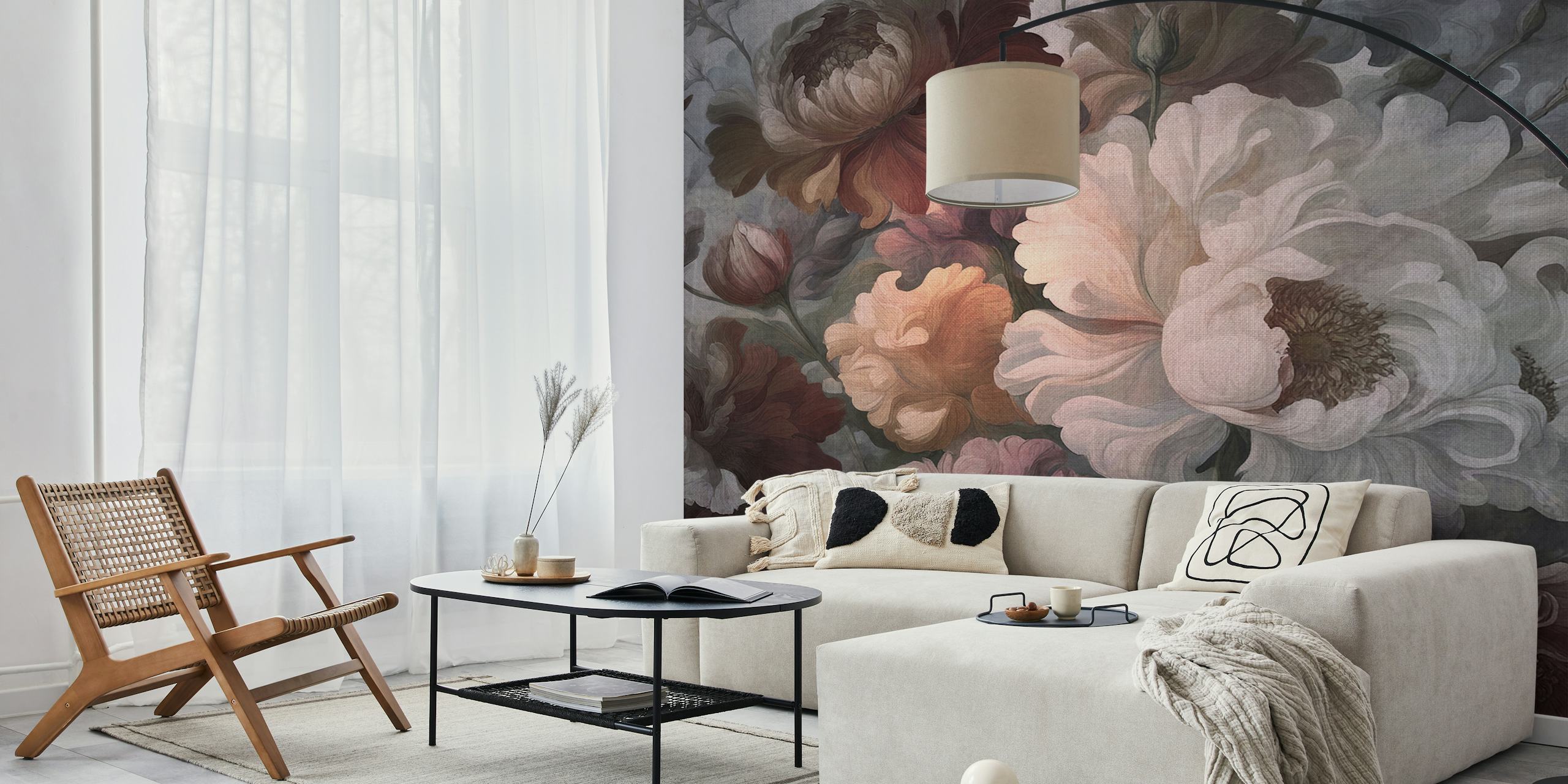 Baroque floral wallpaper, dark and moody, featuring white and maroon flowers