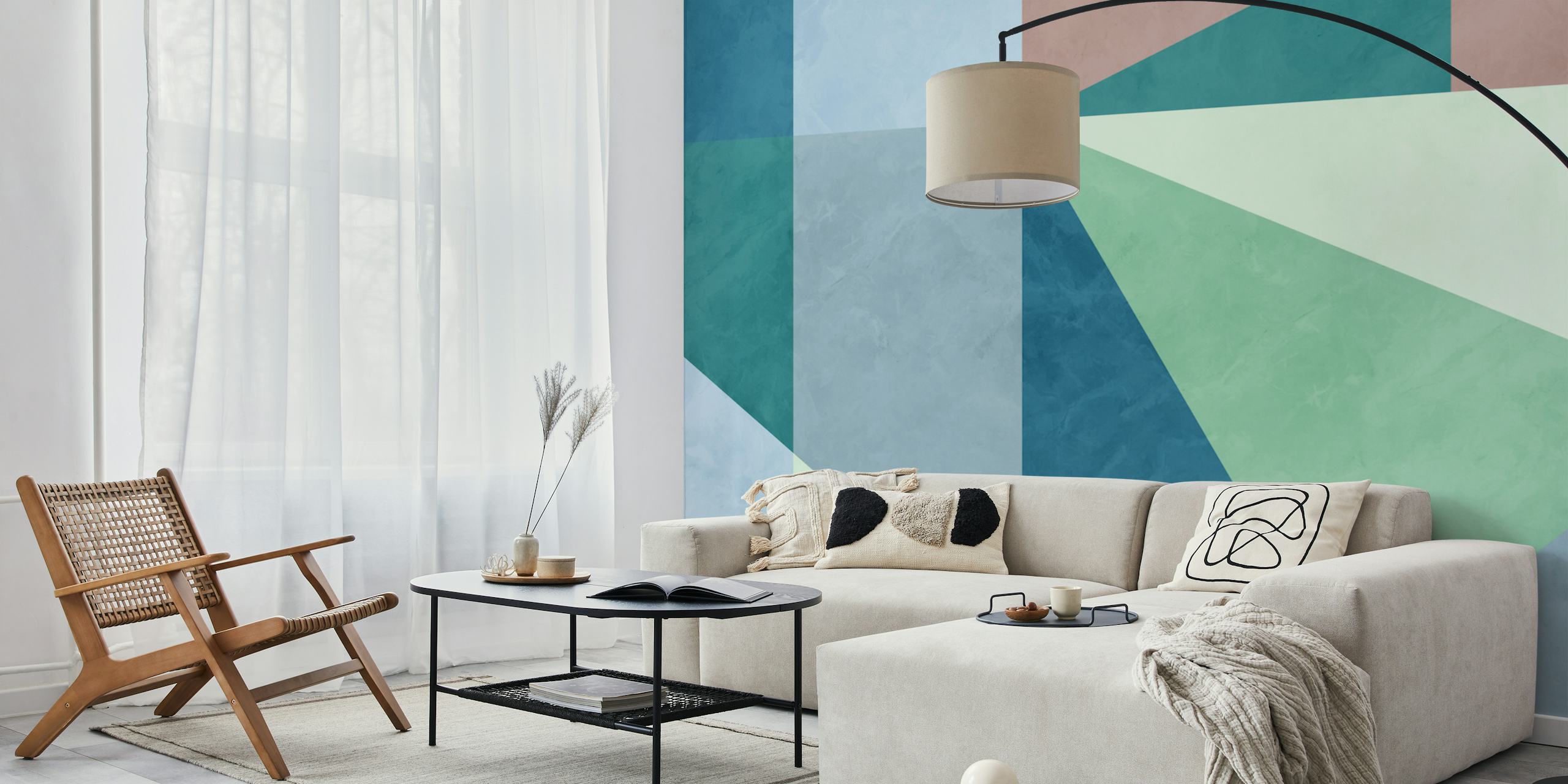 Geometric shapes in blue, green, and pink colors wallpaper