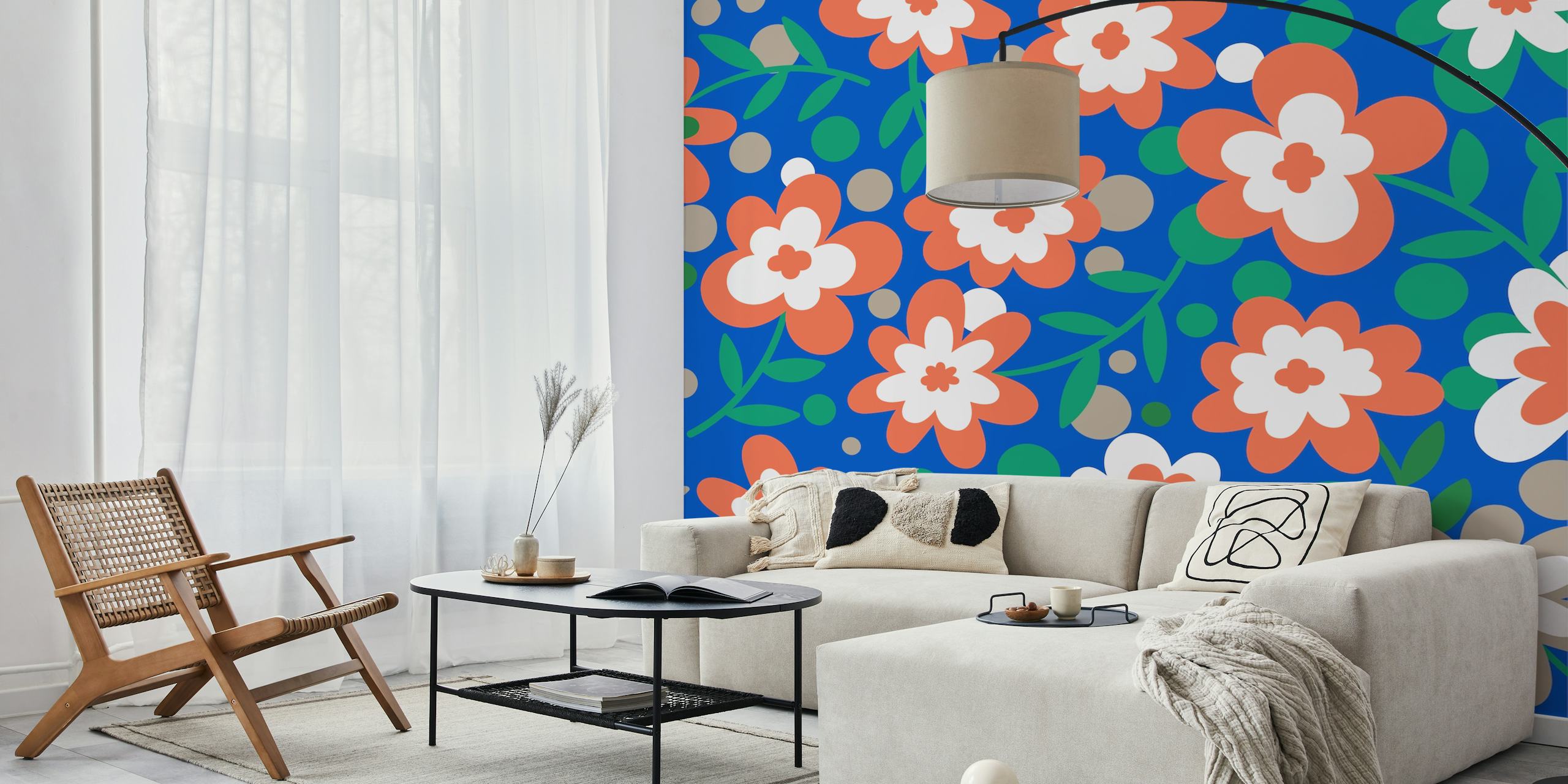 Multicolored floral pattern on blue background wallpaper