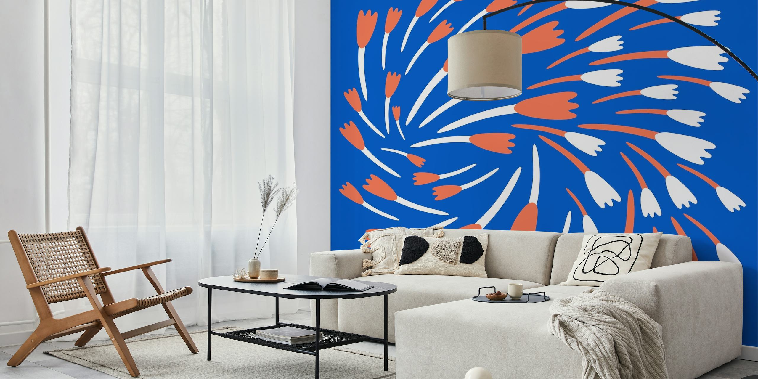 Floral Pattern in blue orange and white papel de parede