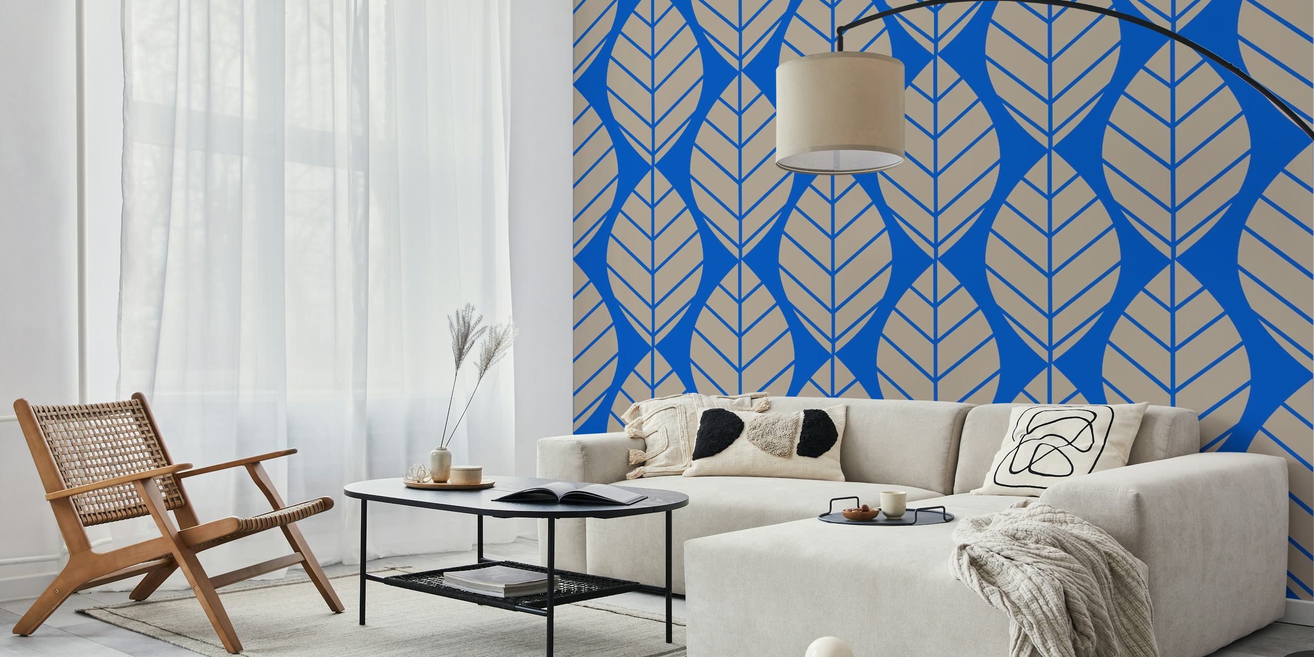 Leaf pattern in cobalt blue and beige wallpaper