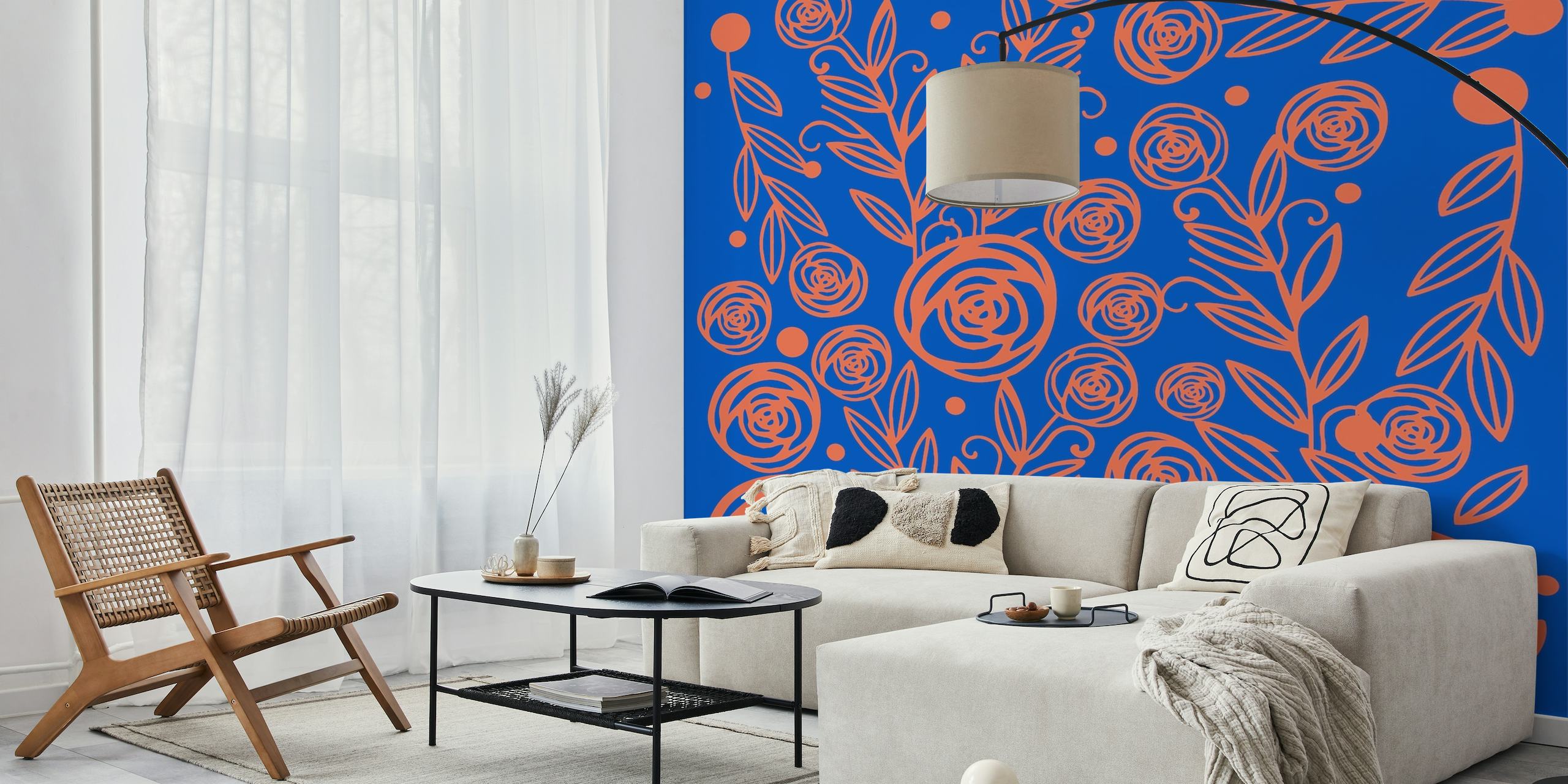 Hand-drawn rose garden wall mural with warm tones on blue background