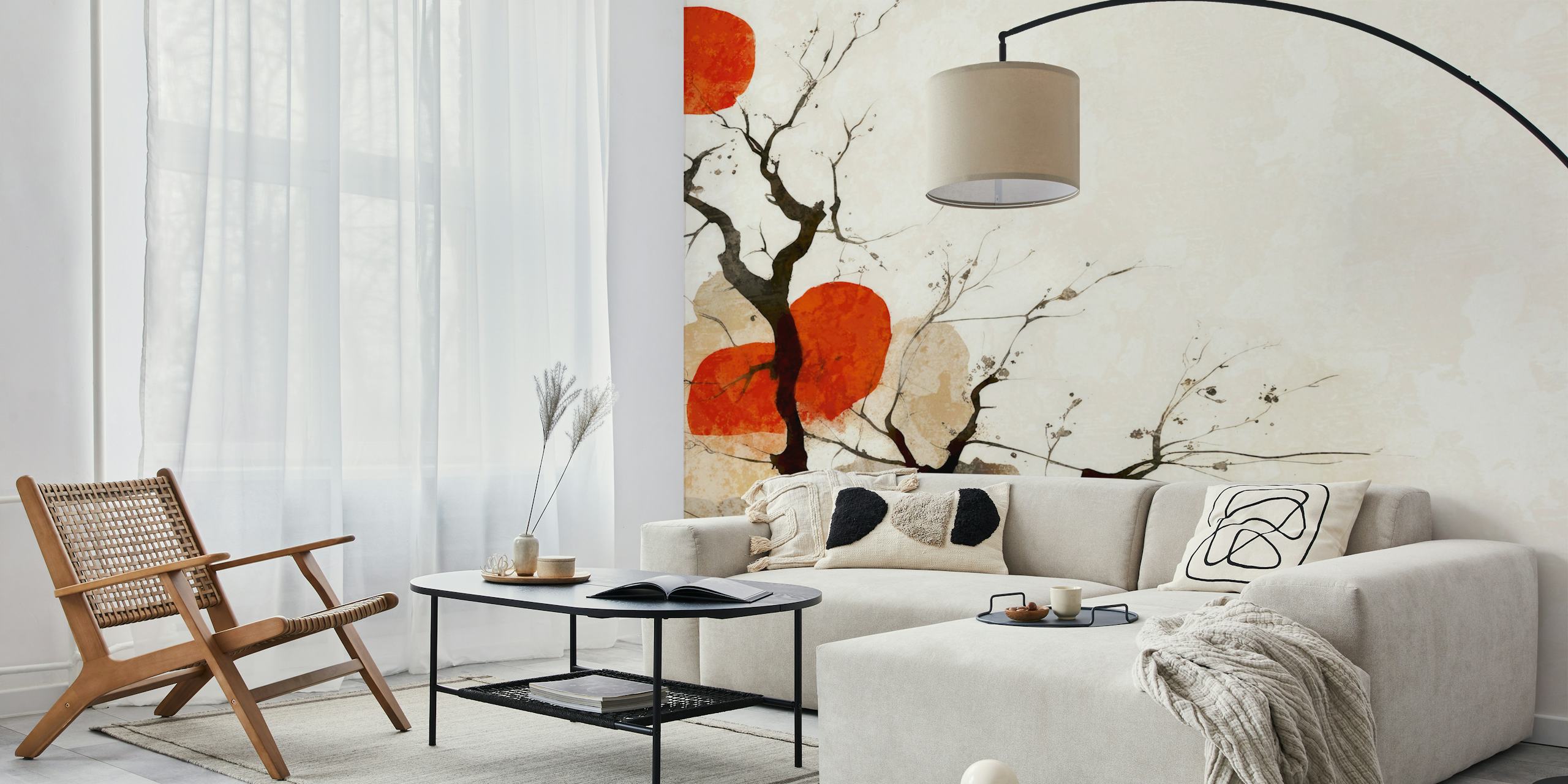 Wabi Sabi forest scene with red and beige tones wallpaper