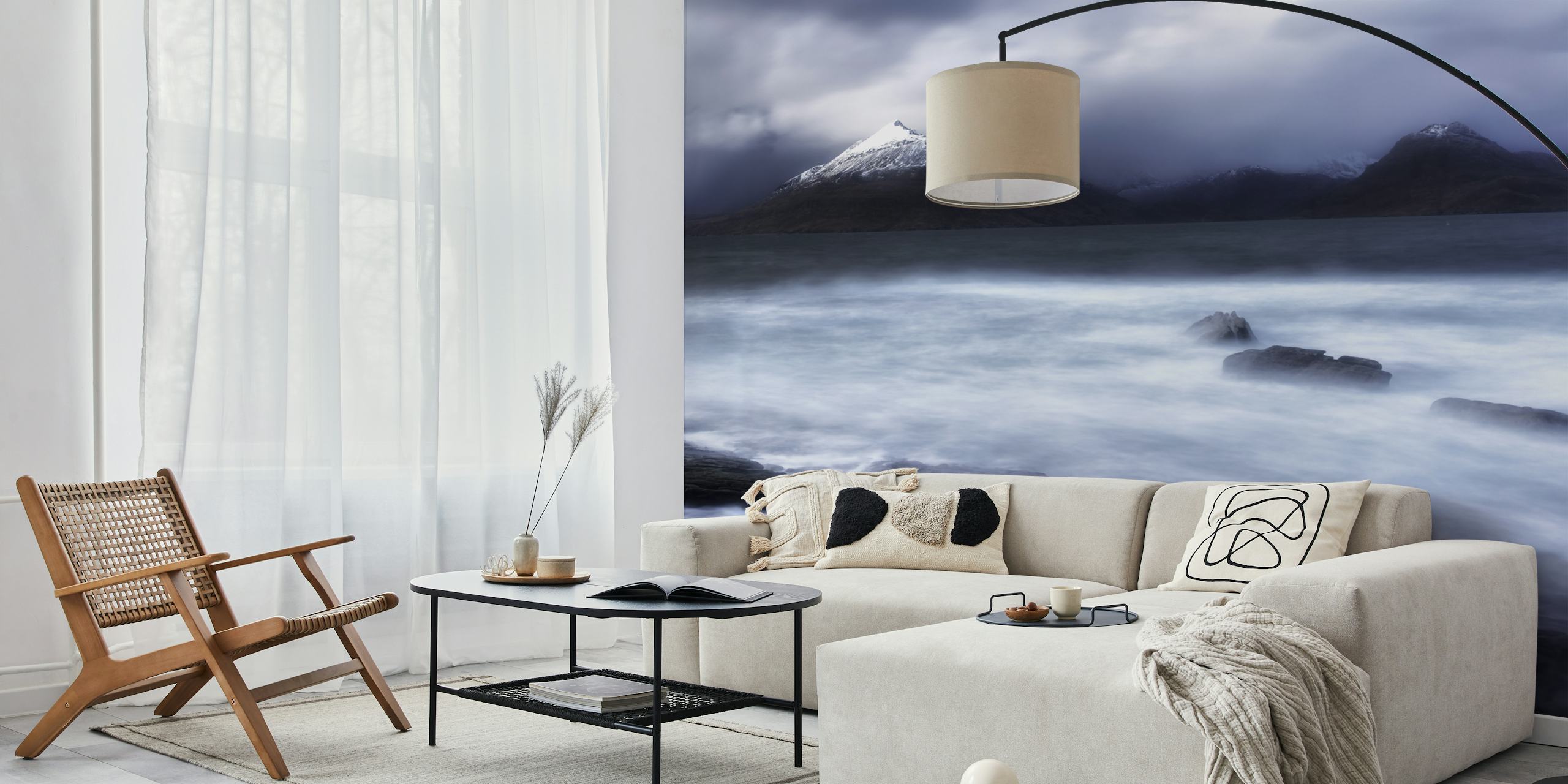 Dramatic stormy landscape with dark clouds and waves wallpaper