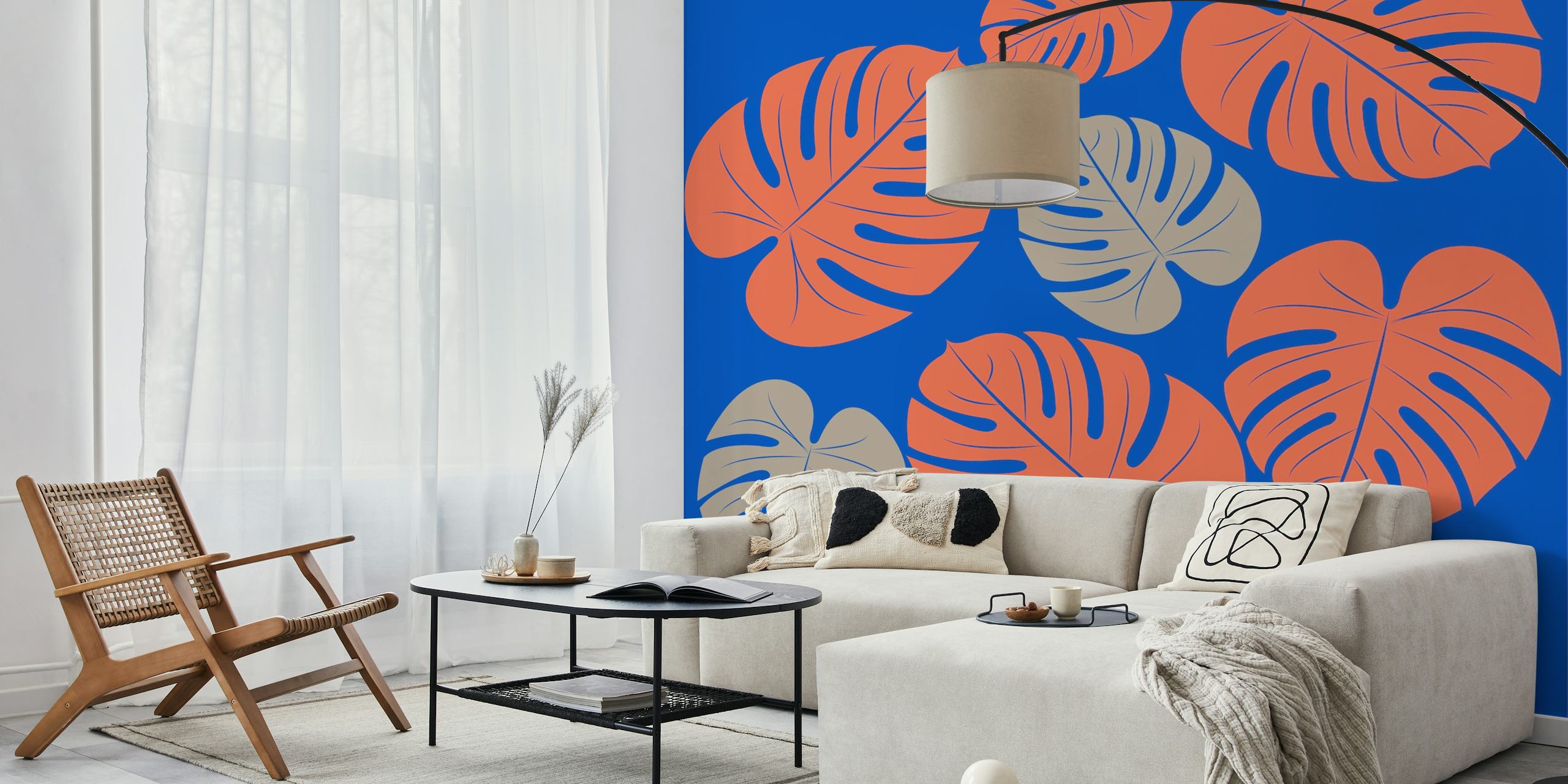 Cobalt blue wallpaper with orange and tan leaves