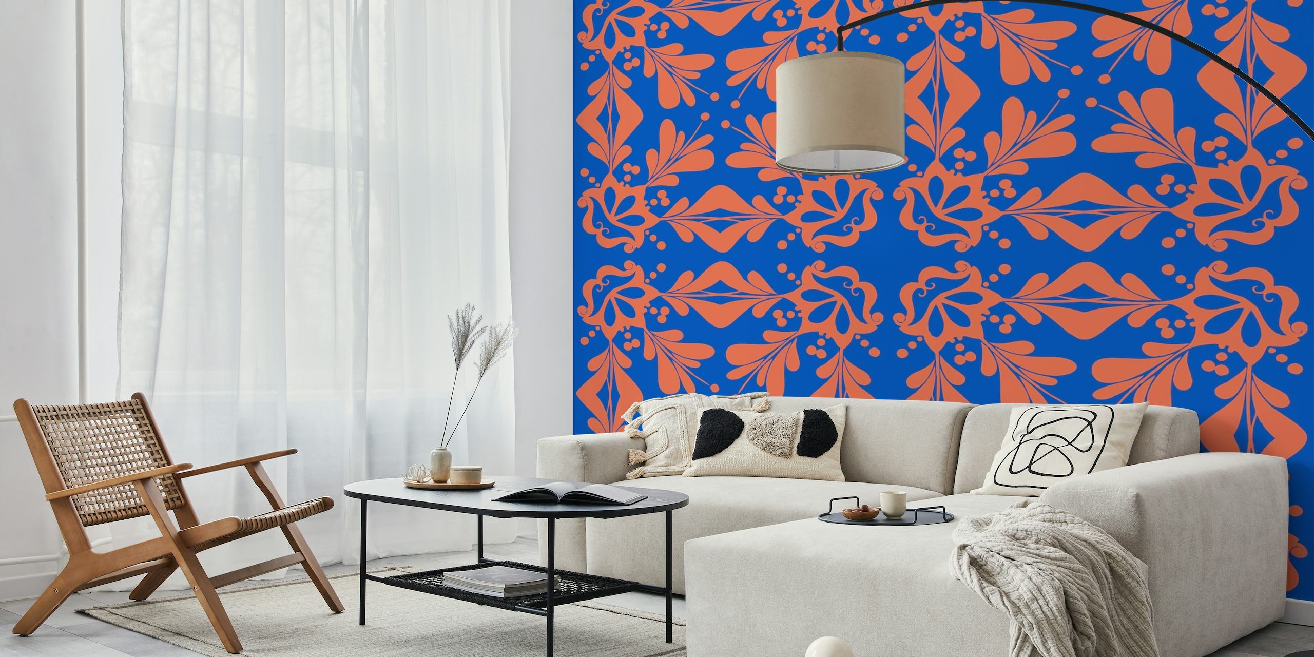 Moroccan cobalt blue orange ornament wallpaper