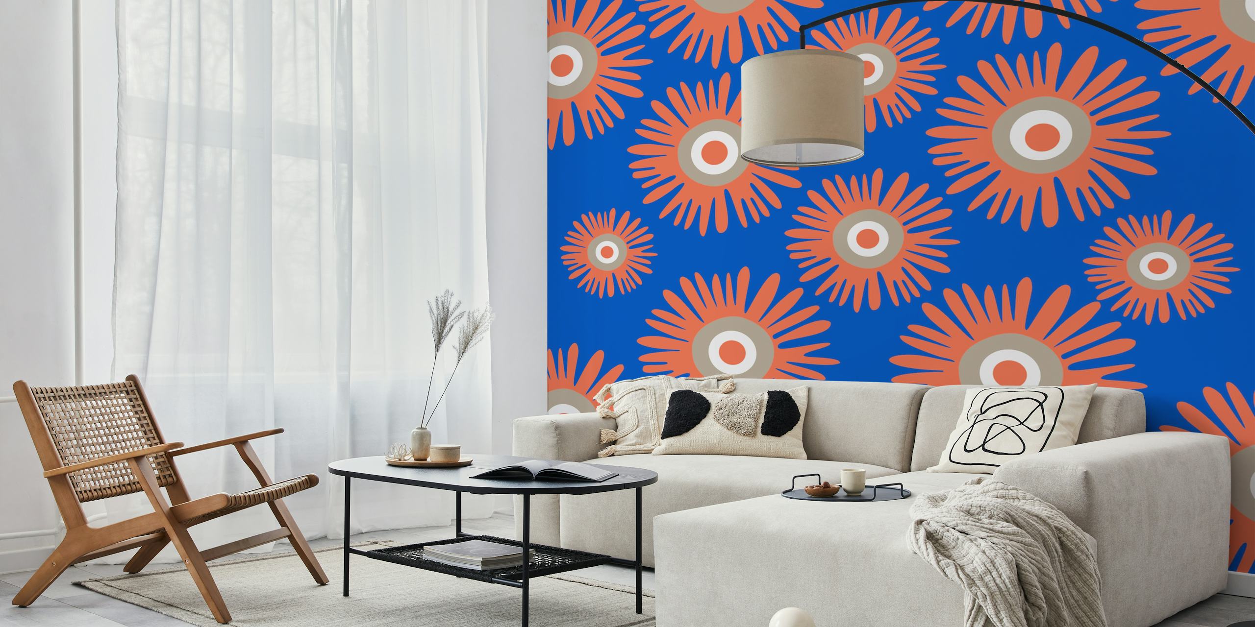 Orange daisy pattern wallpaper in a room