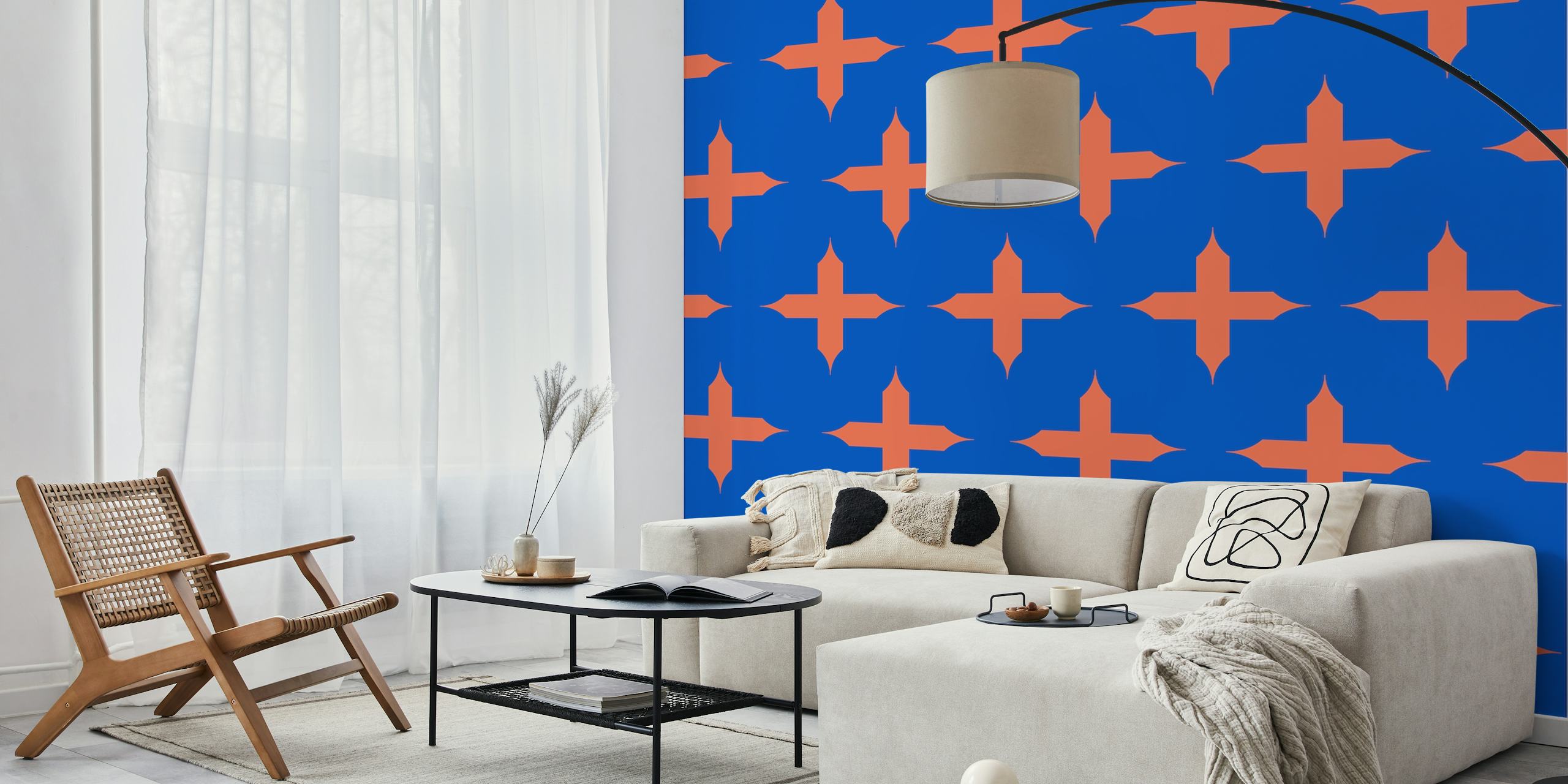 Geometric cross pattern in azure blue and orange wallpaper