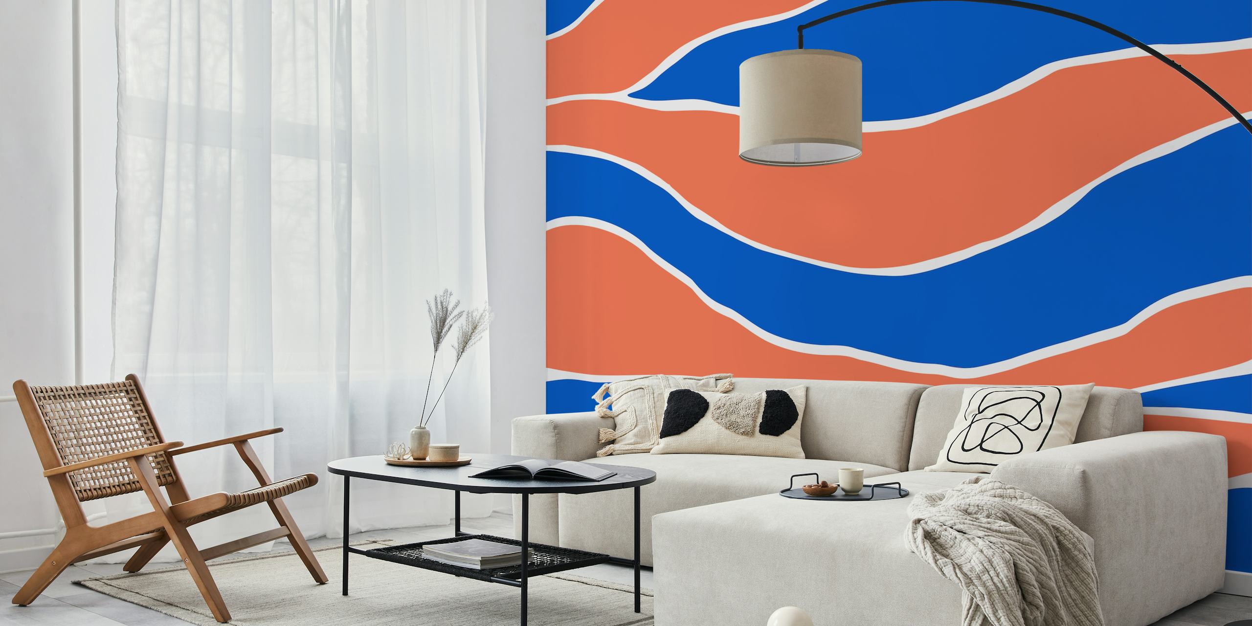 Abstract wallpaper featuring navy blue and coral wavy lines