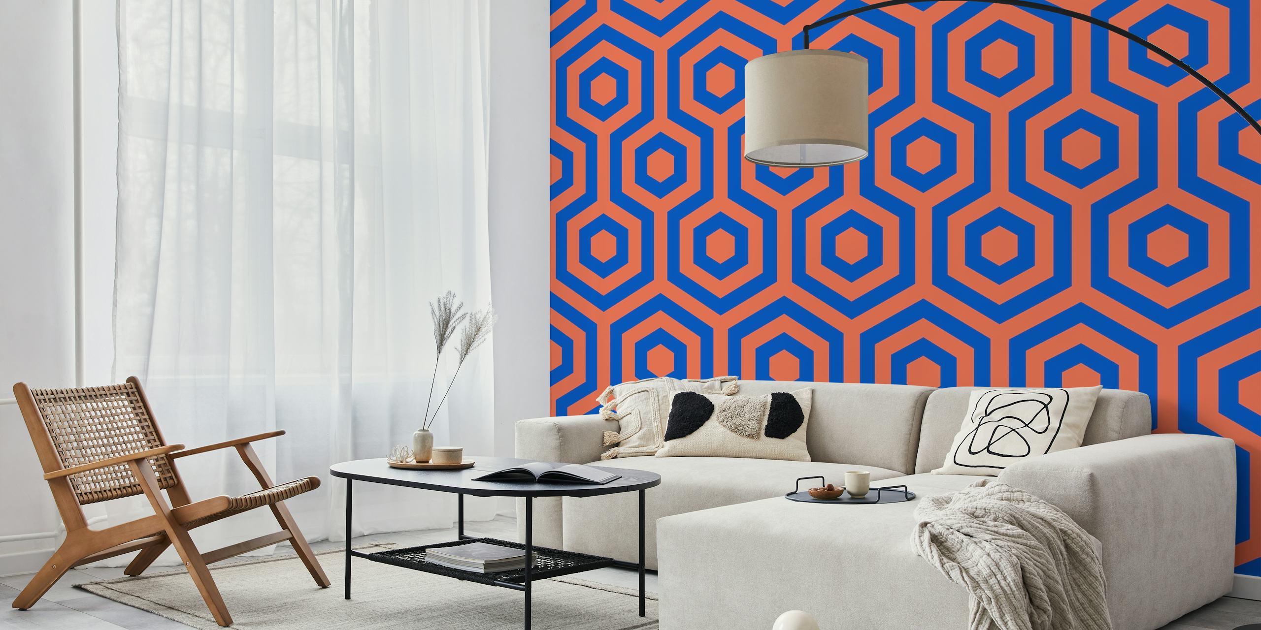 Geometric pattern featuring rust orange and blue hexagons wallpaper