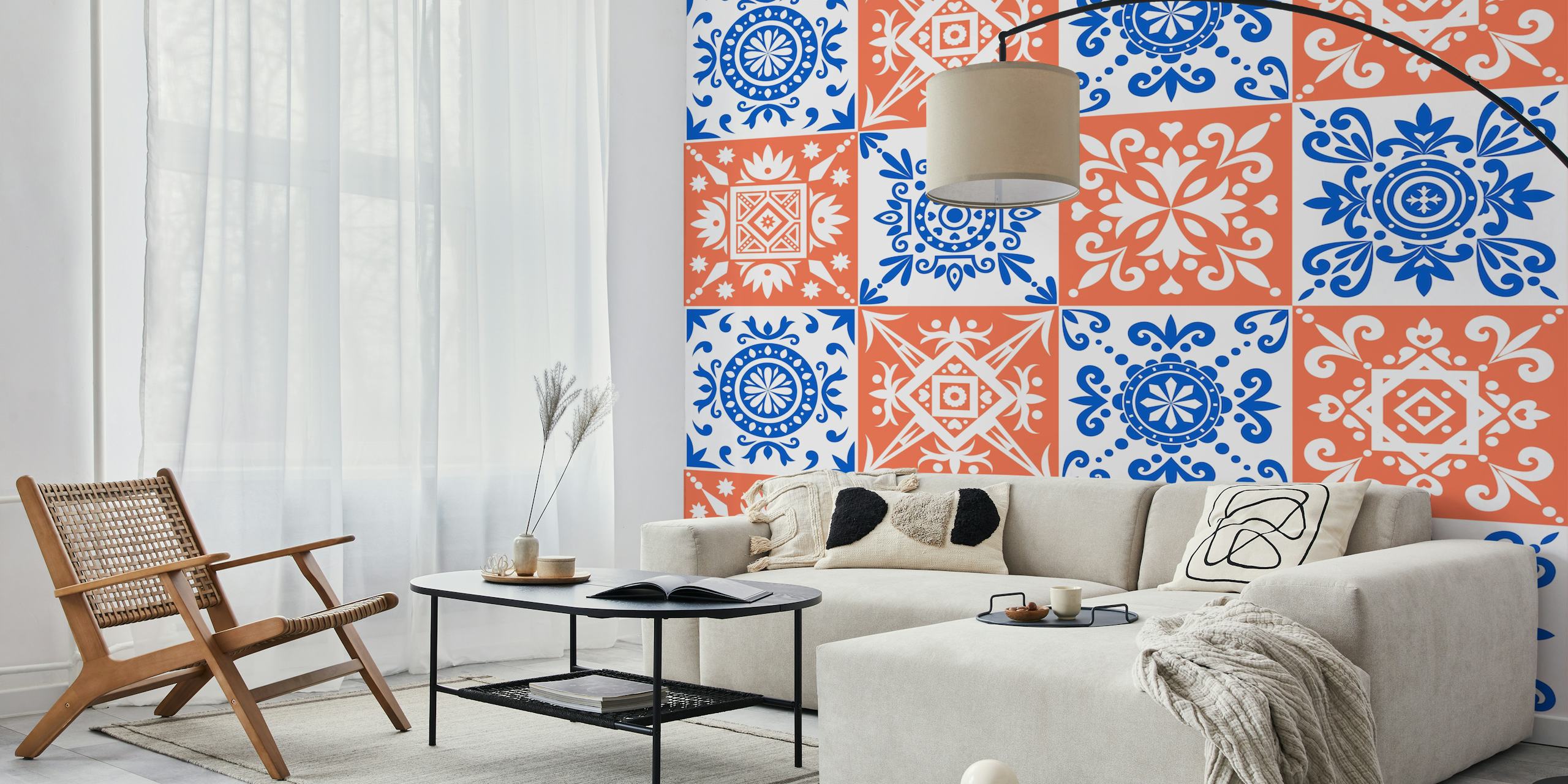 Orange blue tile pattern wallpaper in a room