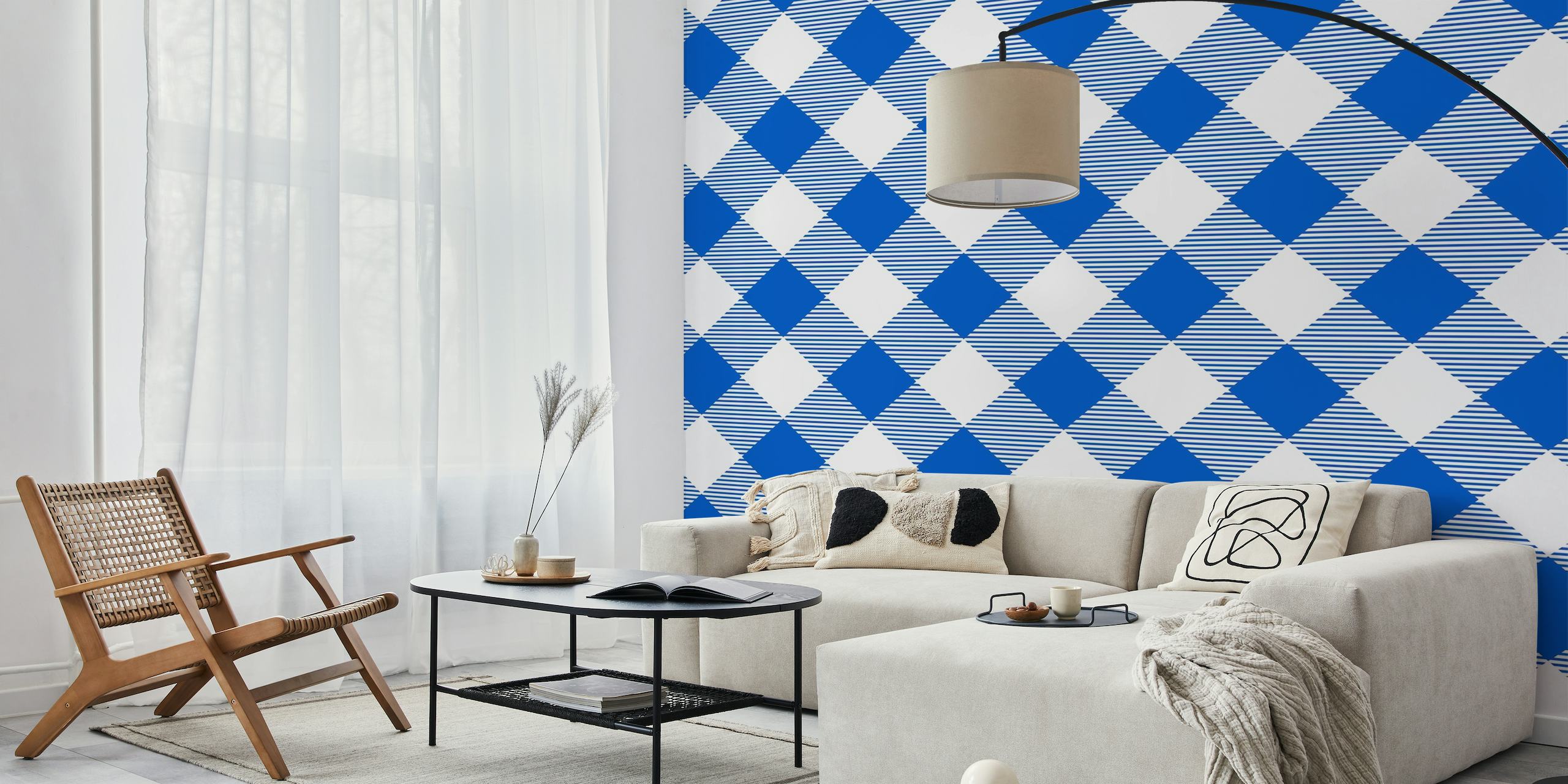 White and azure blue gingham check pattern wall mural