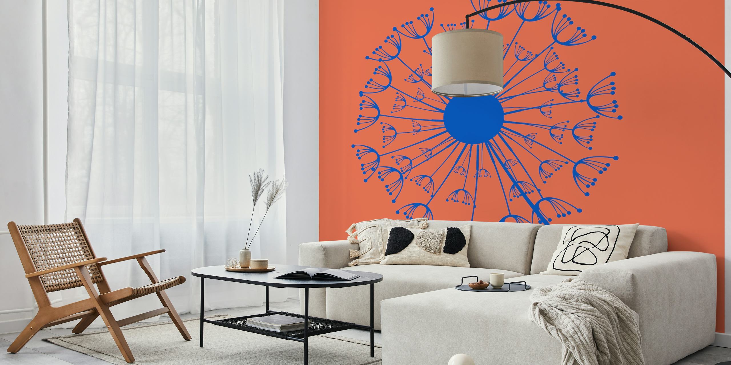 Rust Orange en navy blue dandelion behang