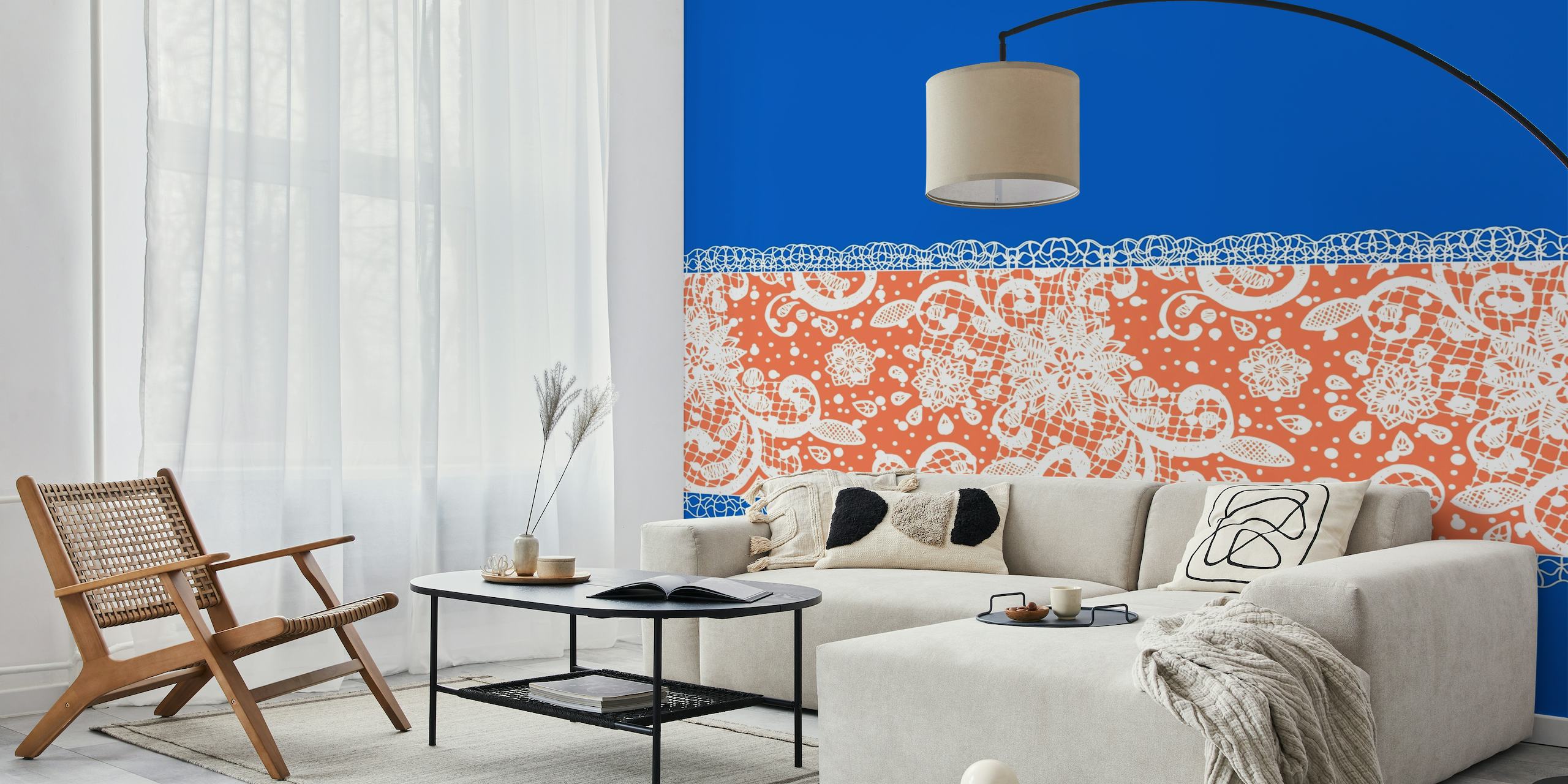 Blue white orange lace wallpaper