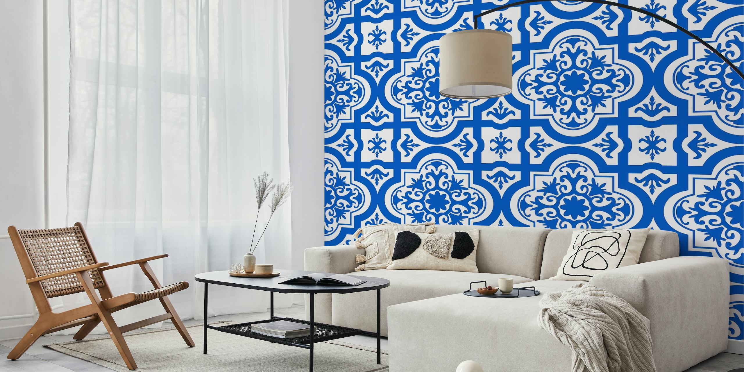 Spanish tile pattern azure blue white tapet