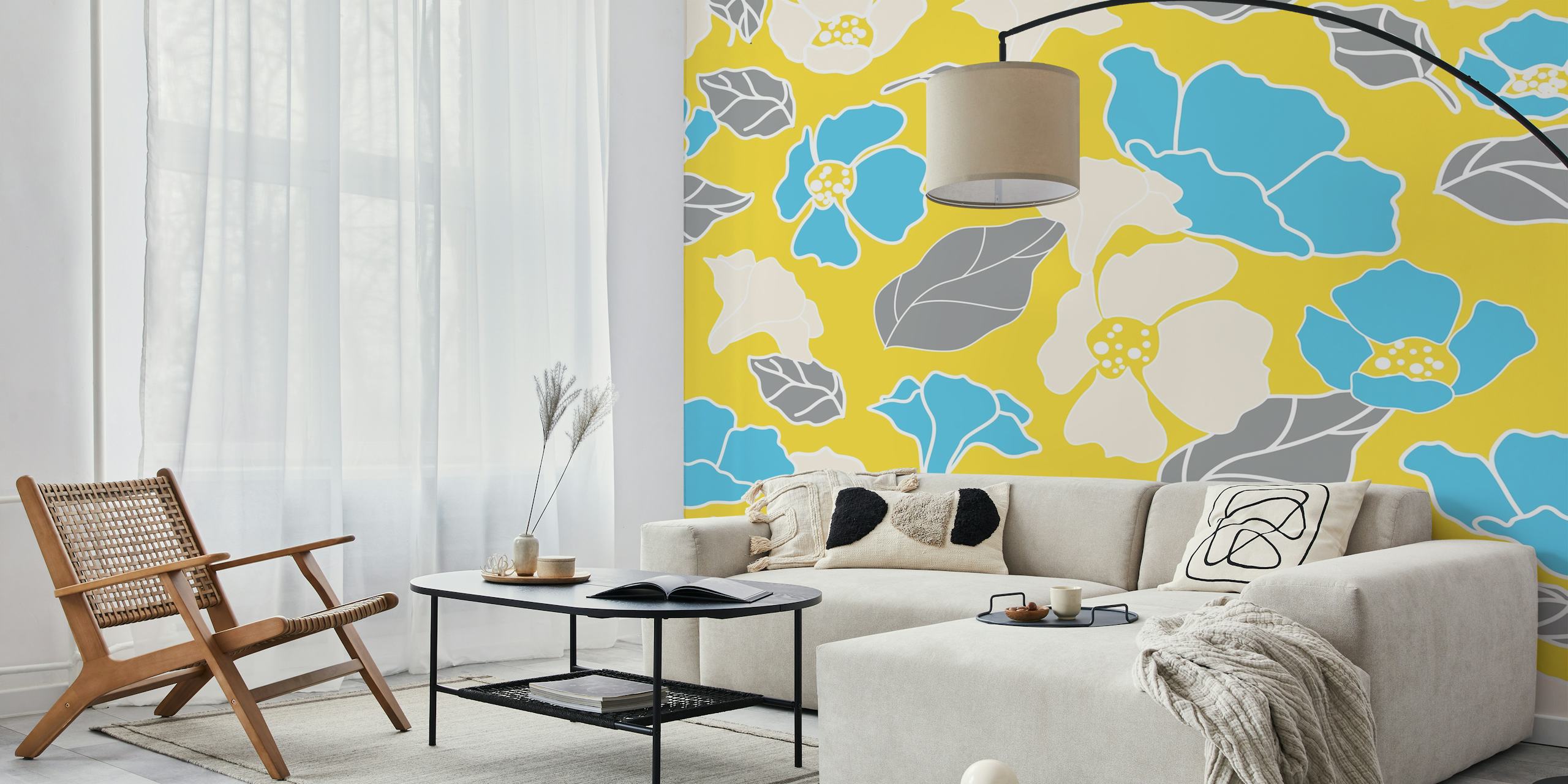 Blue yellow grey flower garden wallpaper in room