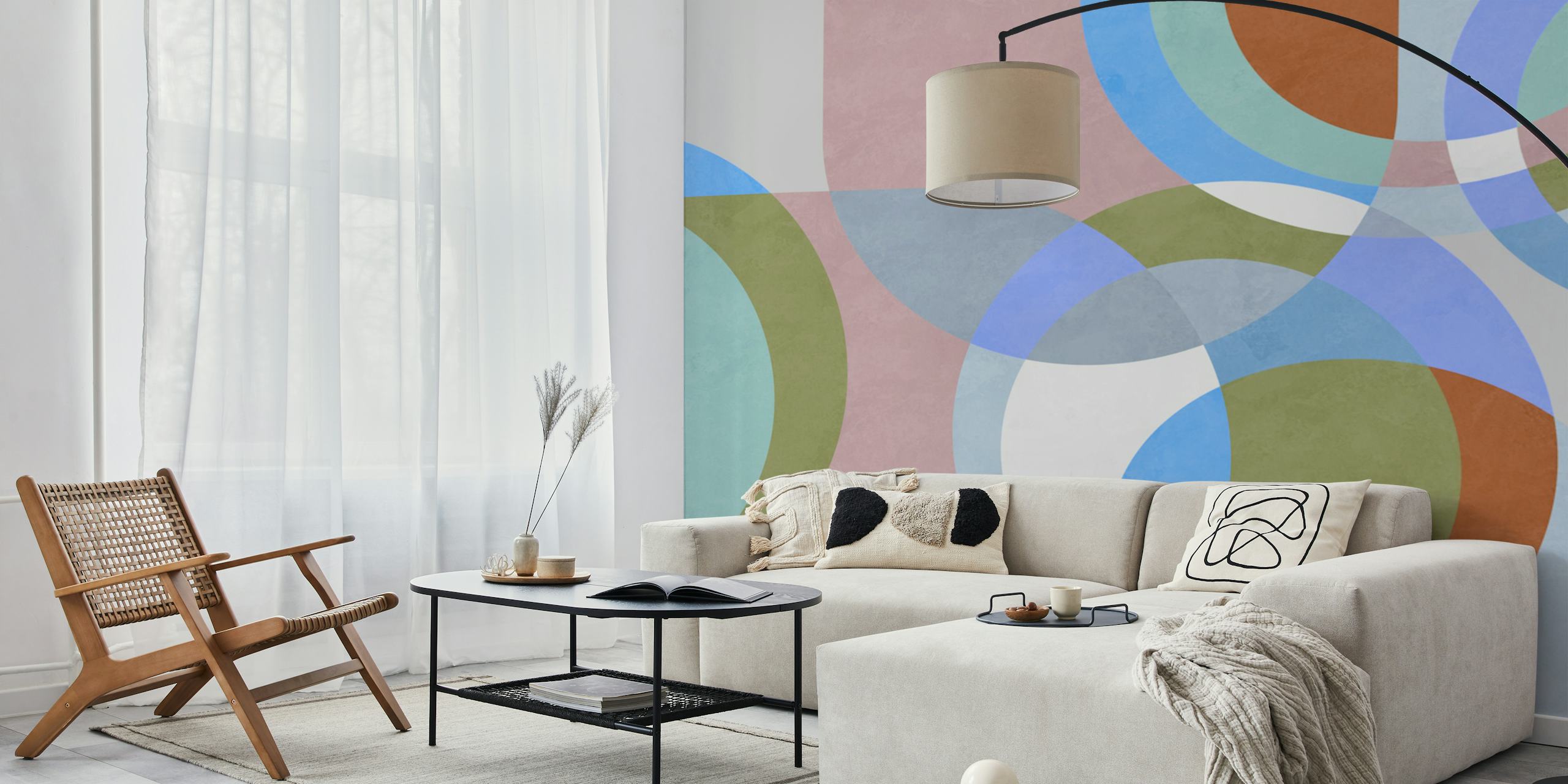 Abstract geometric wallpaper in soft pastel colors including blue, green, and pink.