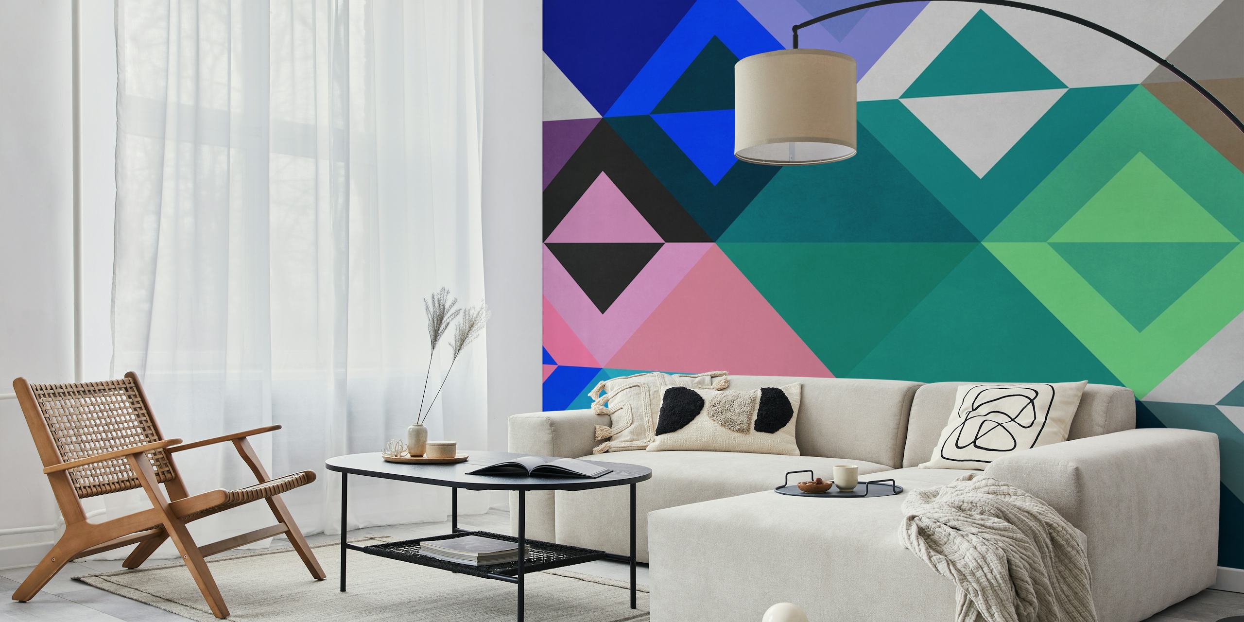 Colorful geometric pattern wallpaper in a room