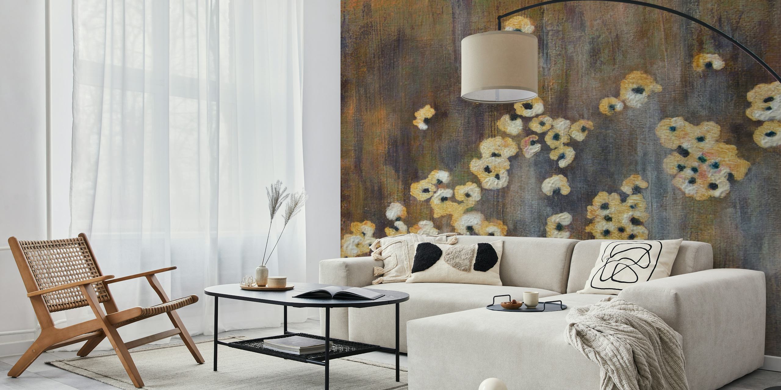 Wild flowers in cream, yellow and brown tones wallpaper