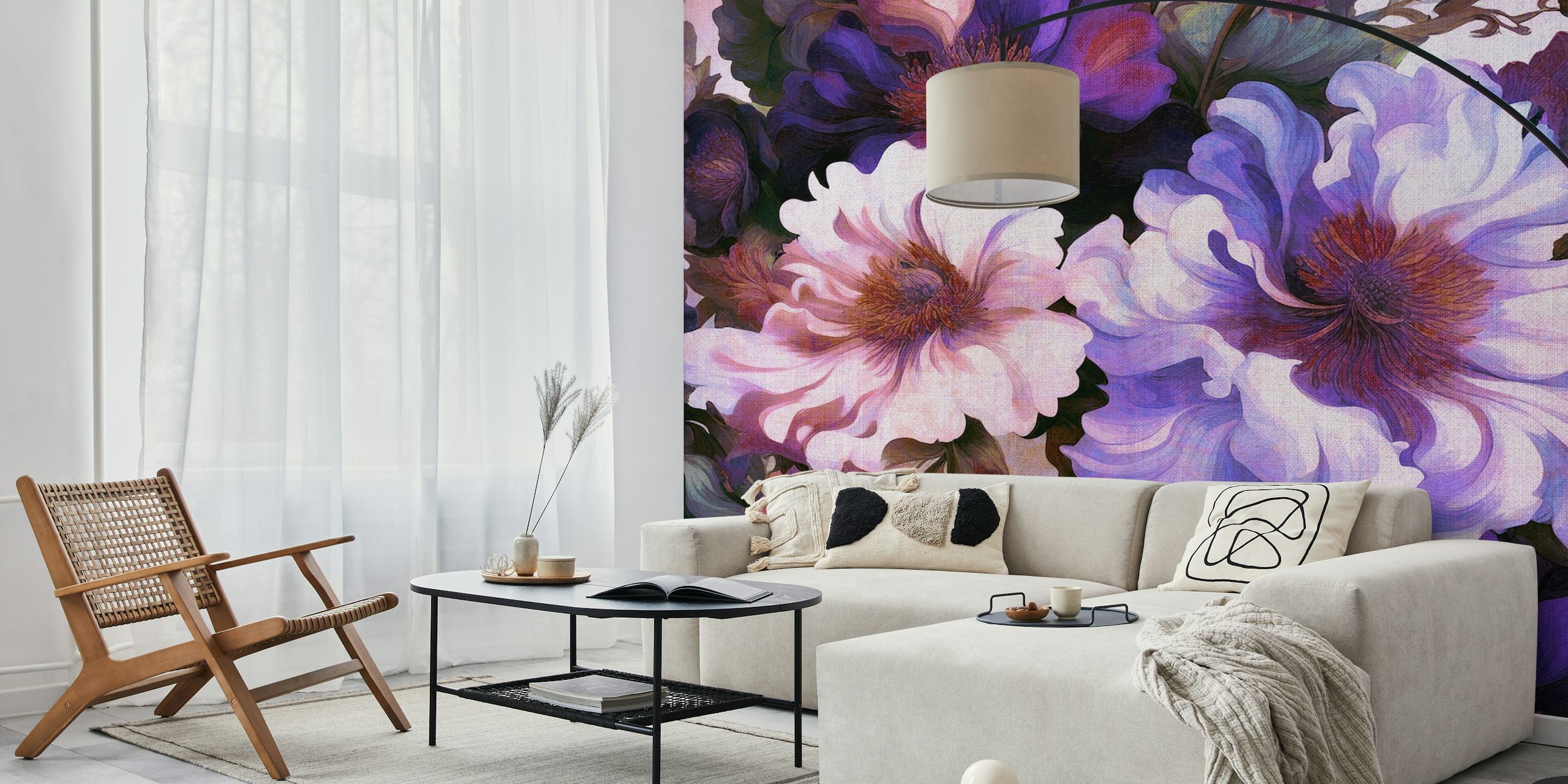 Vivid purple and white floral wallpaper with baroque style flowers