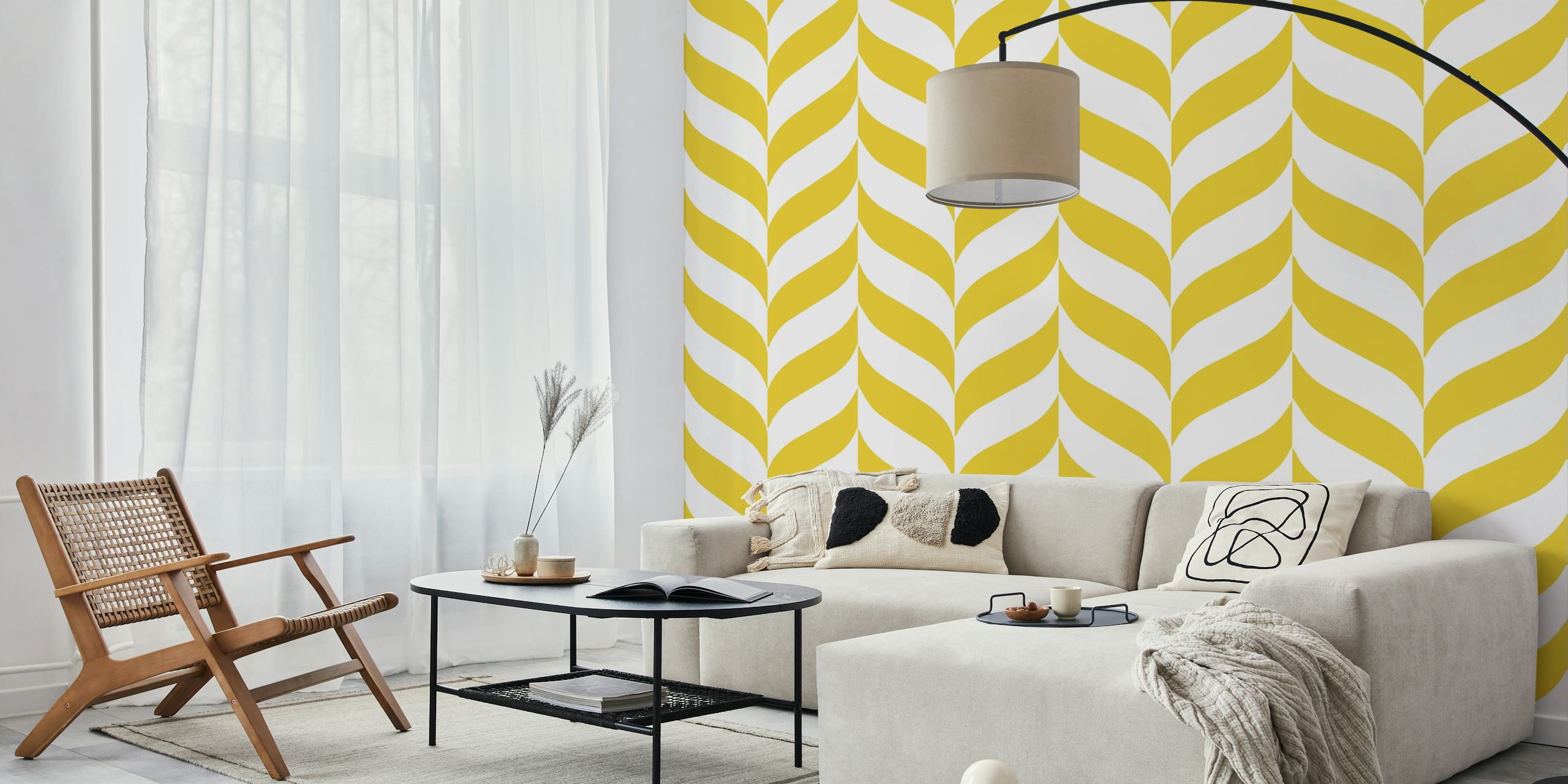 Saffron Yellow Chevron 3D behang in een kamer