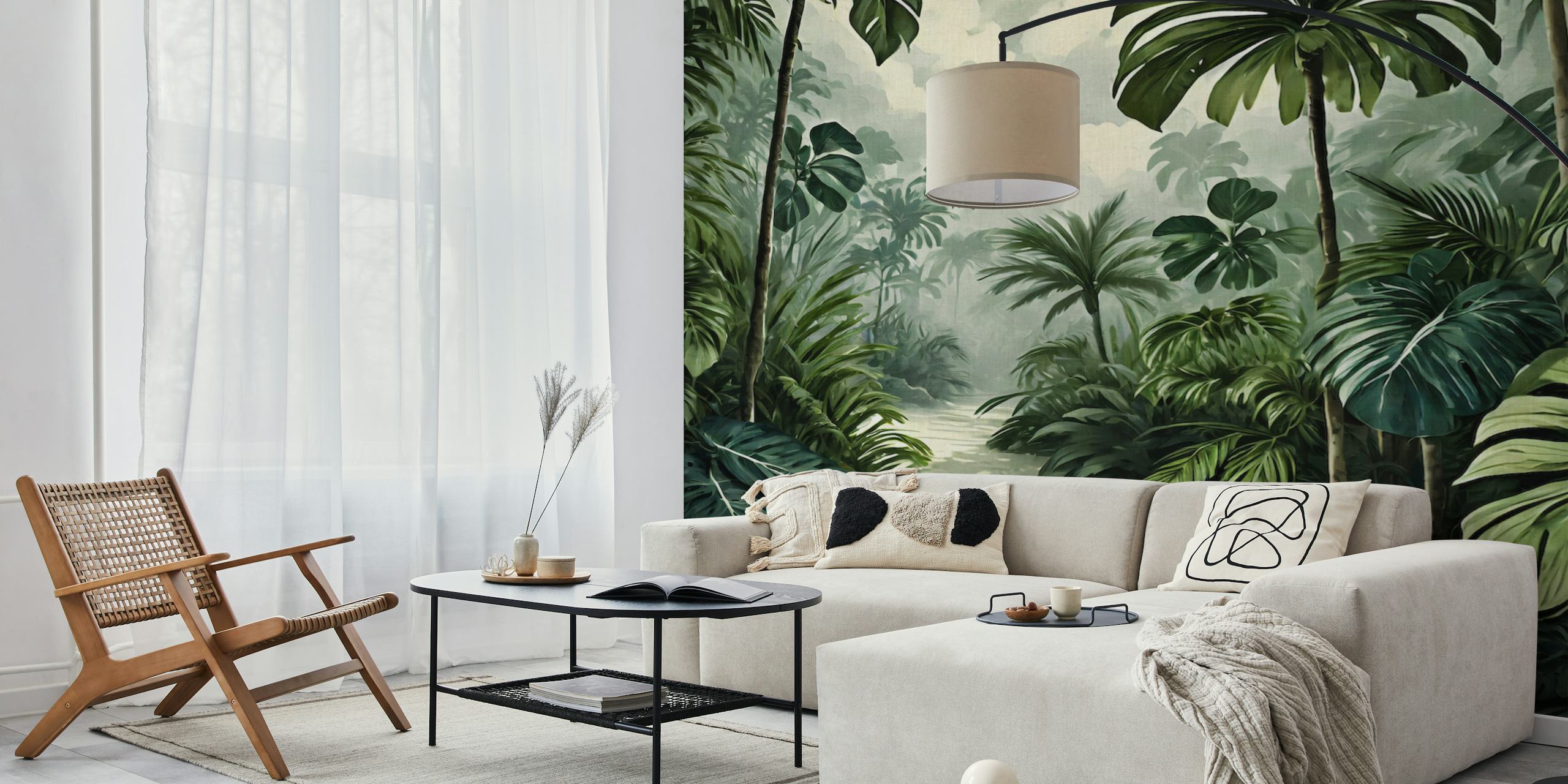 Tropical jungle palms in green tones wallpaper