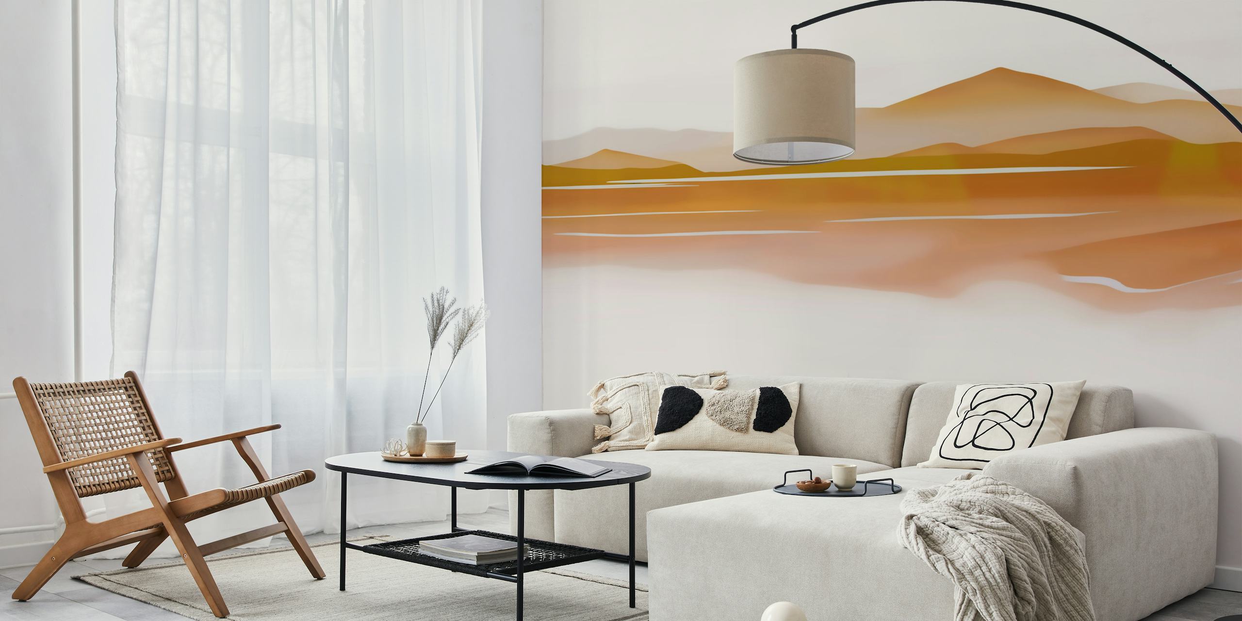 Mountain landscape in warm orange and beige tones wallpaper