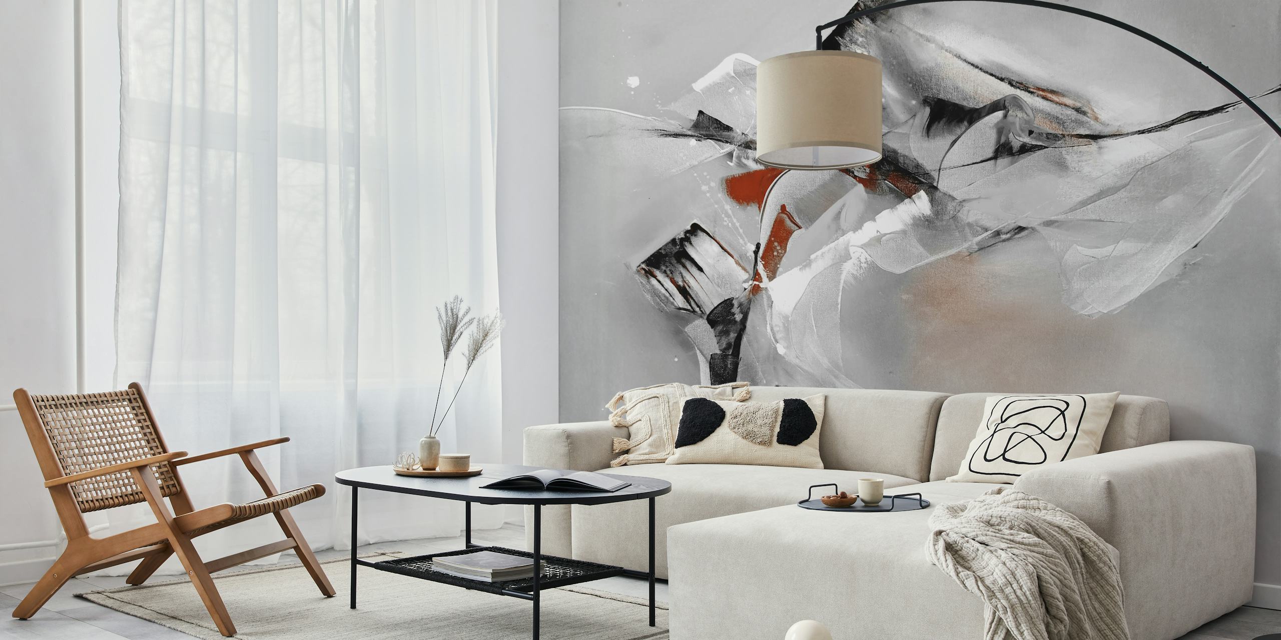 Abstract brush strokes in gray, white, and black wallpaper