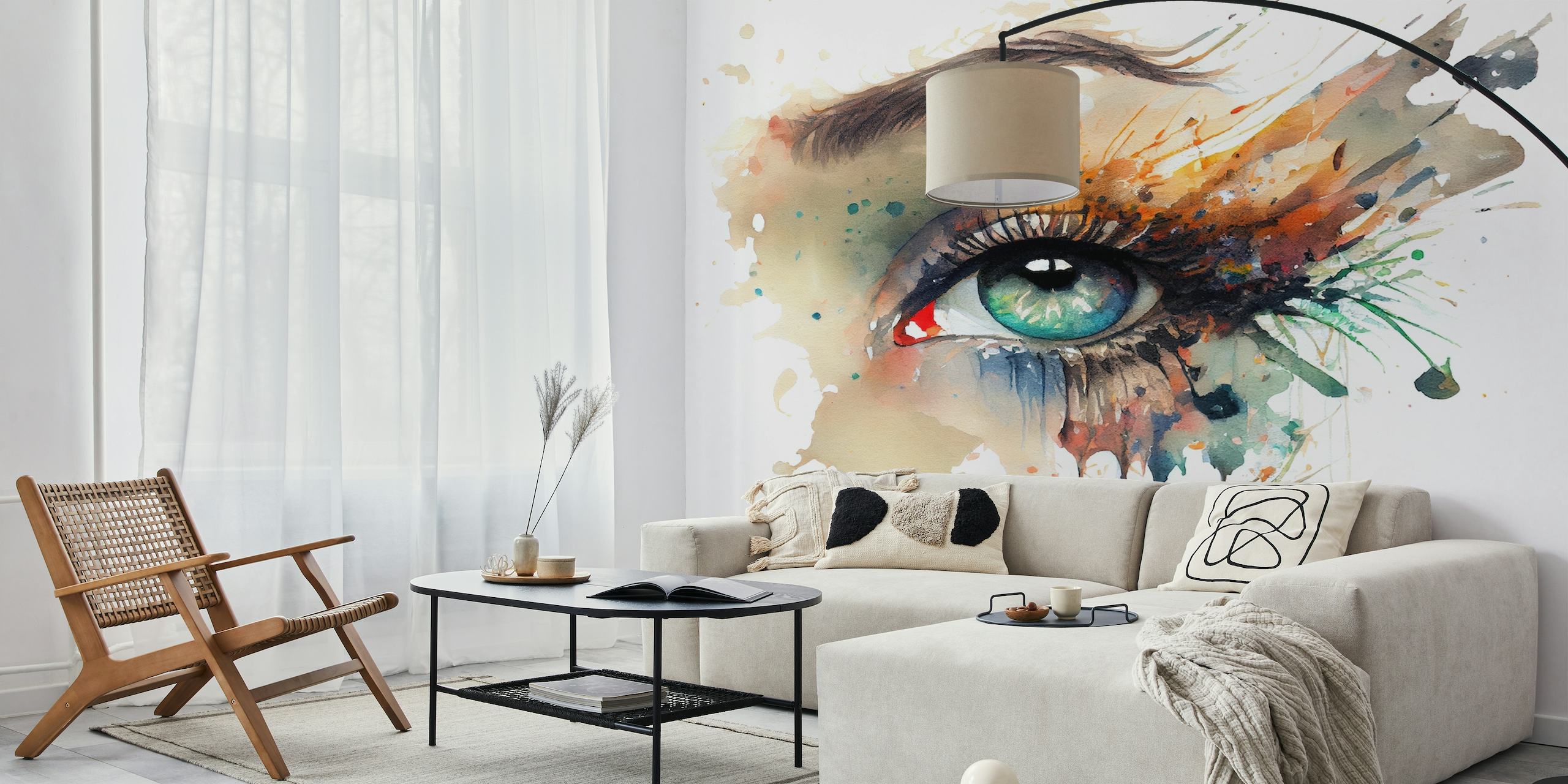 Artistic wall mural of a watercolor-painted woman's eye with vivid colors and dripping paint effect