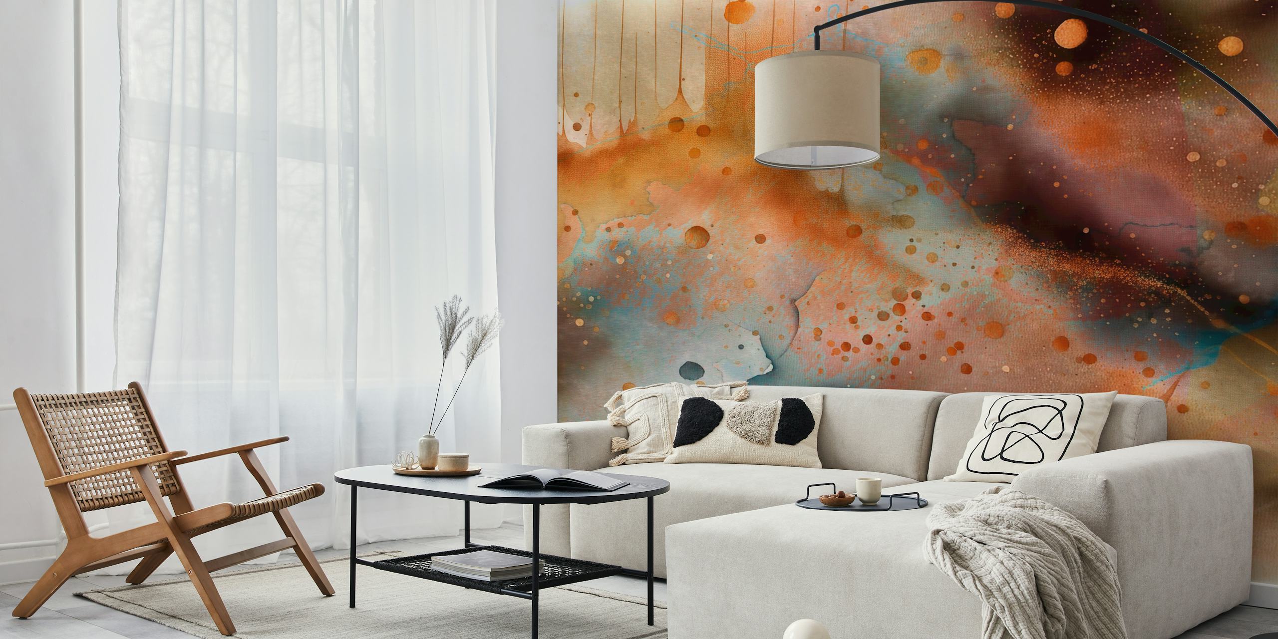Abstract marble wallpaper with earthy tones, blue splashes, organic shapes