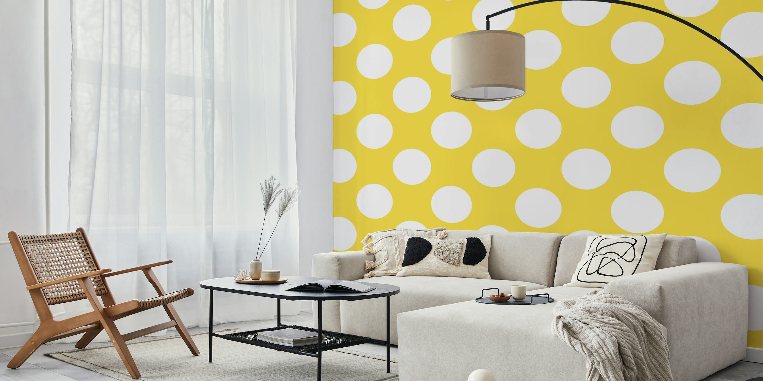 Yellow wall mural with white polka dot pattern