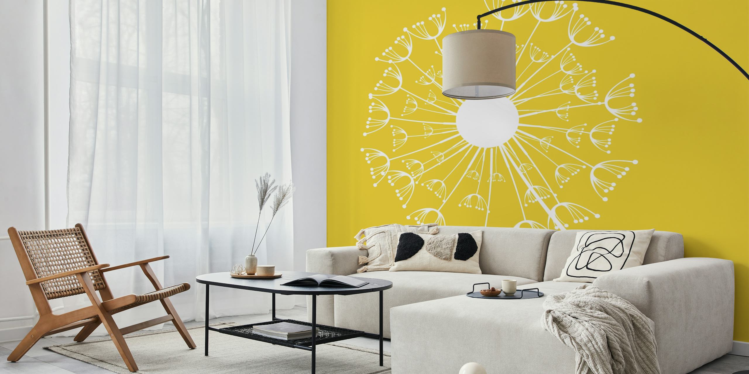 White dandelion pattern on mustard yellow background wallpaper