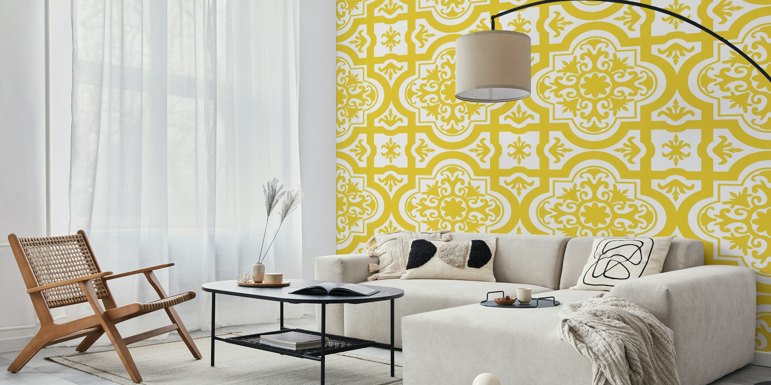 Yellow and white intricate Mexican tile pattern wallpaper