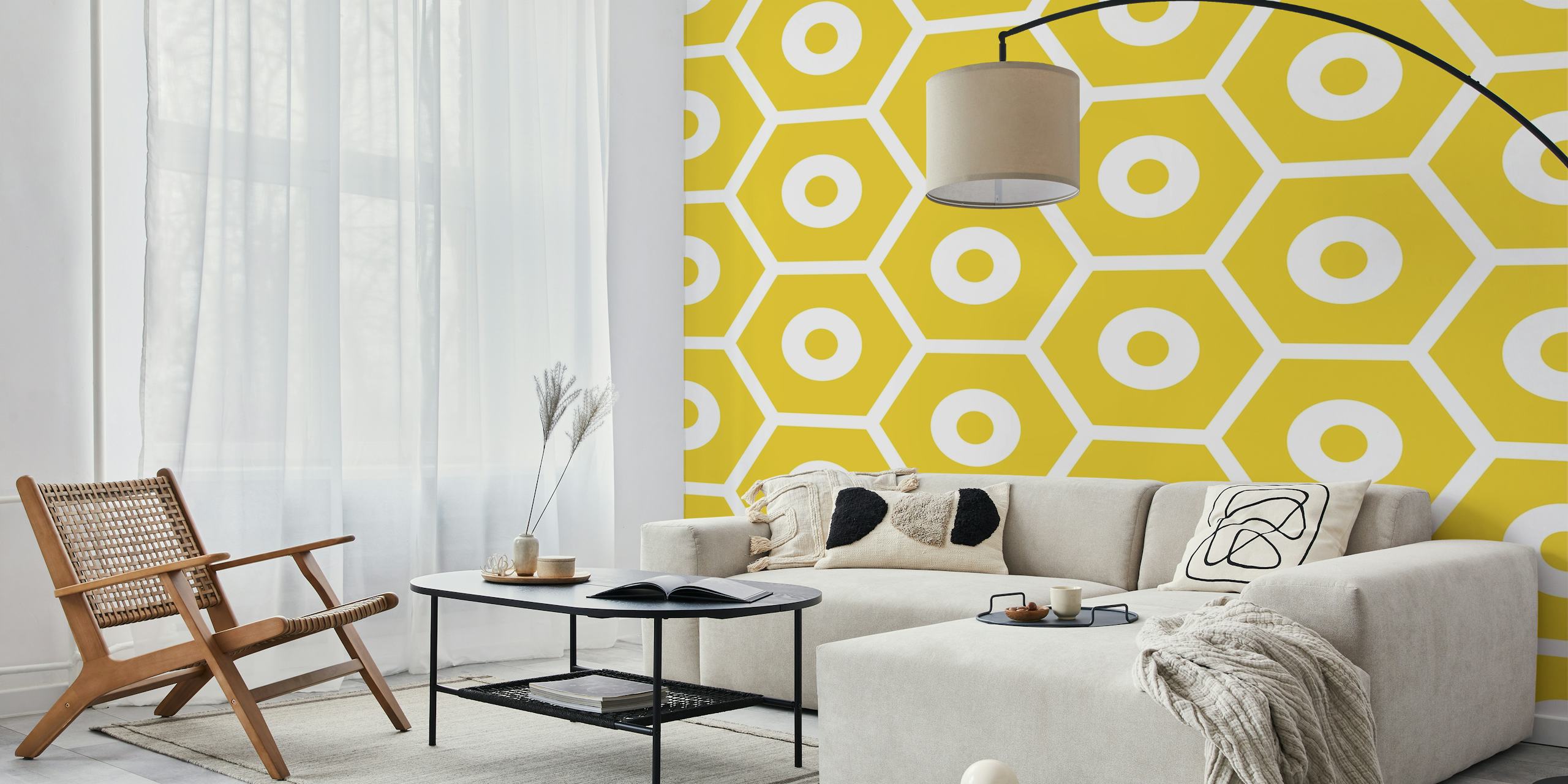 Mustard yellow hexagon and circle pattern wallpaper