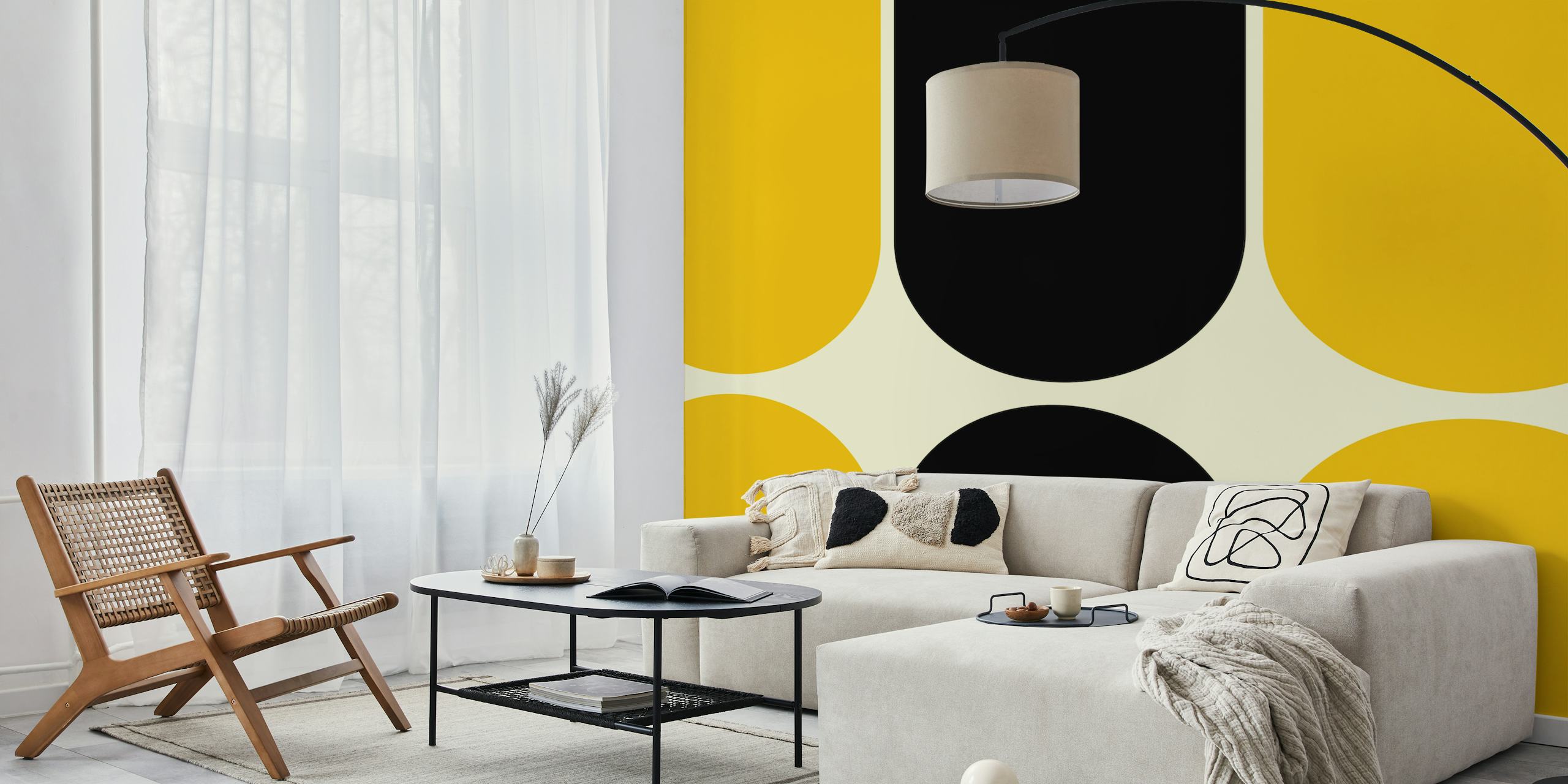 Mustard yellow and black mid-century modern arches wall mural