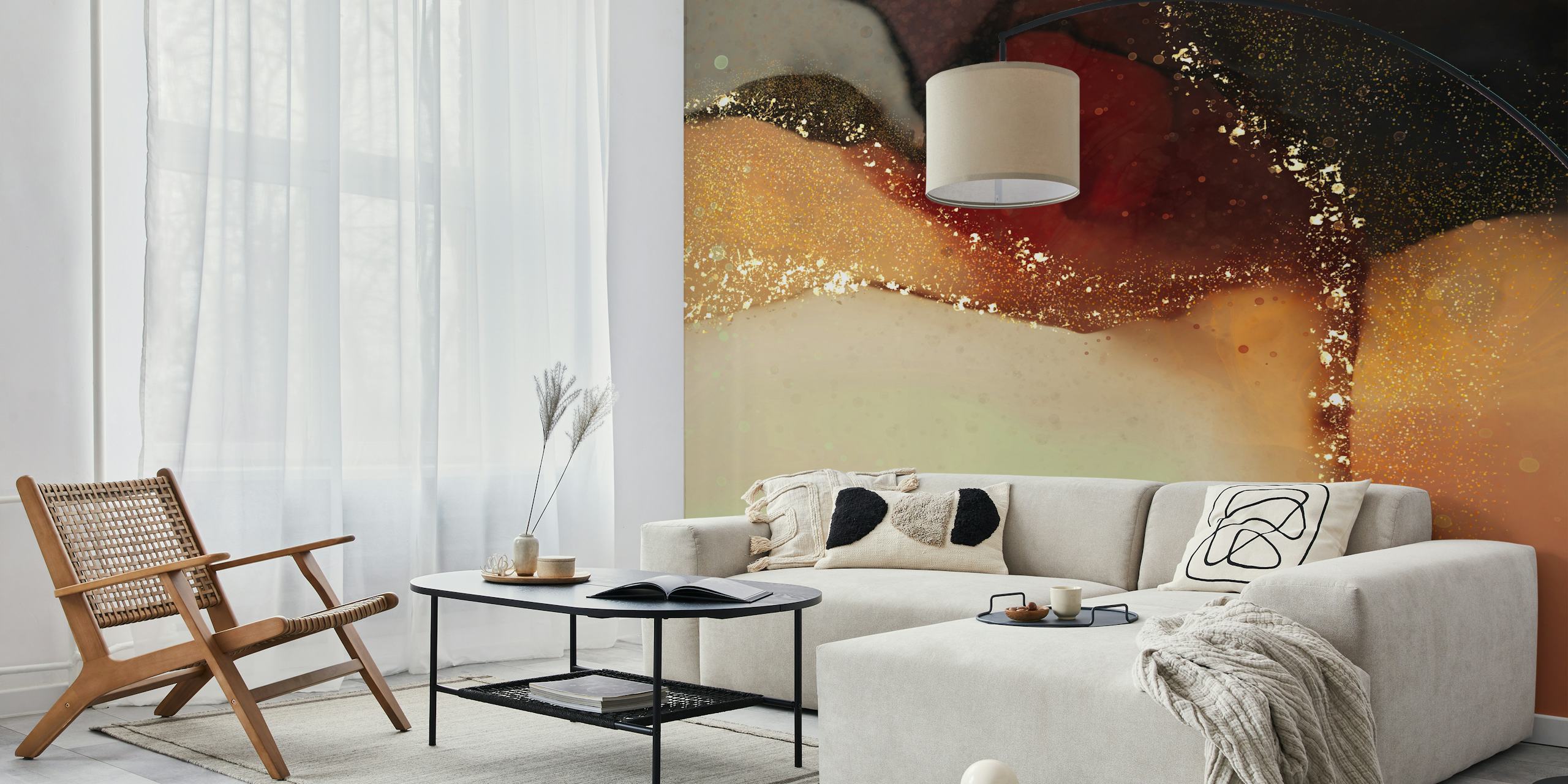 Abstract glittery ink design in gold, brown, and green wallpaper