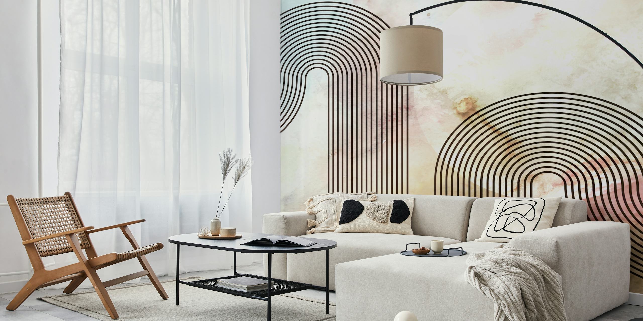 Papel tapiz Curvy Arc Lines Watercolor en una habitación